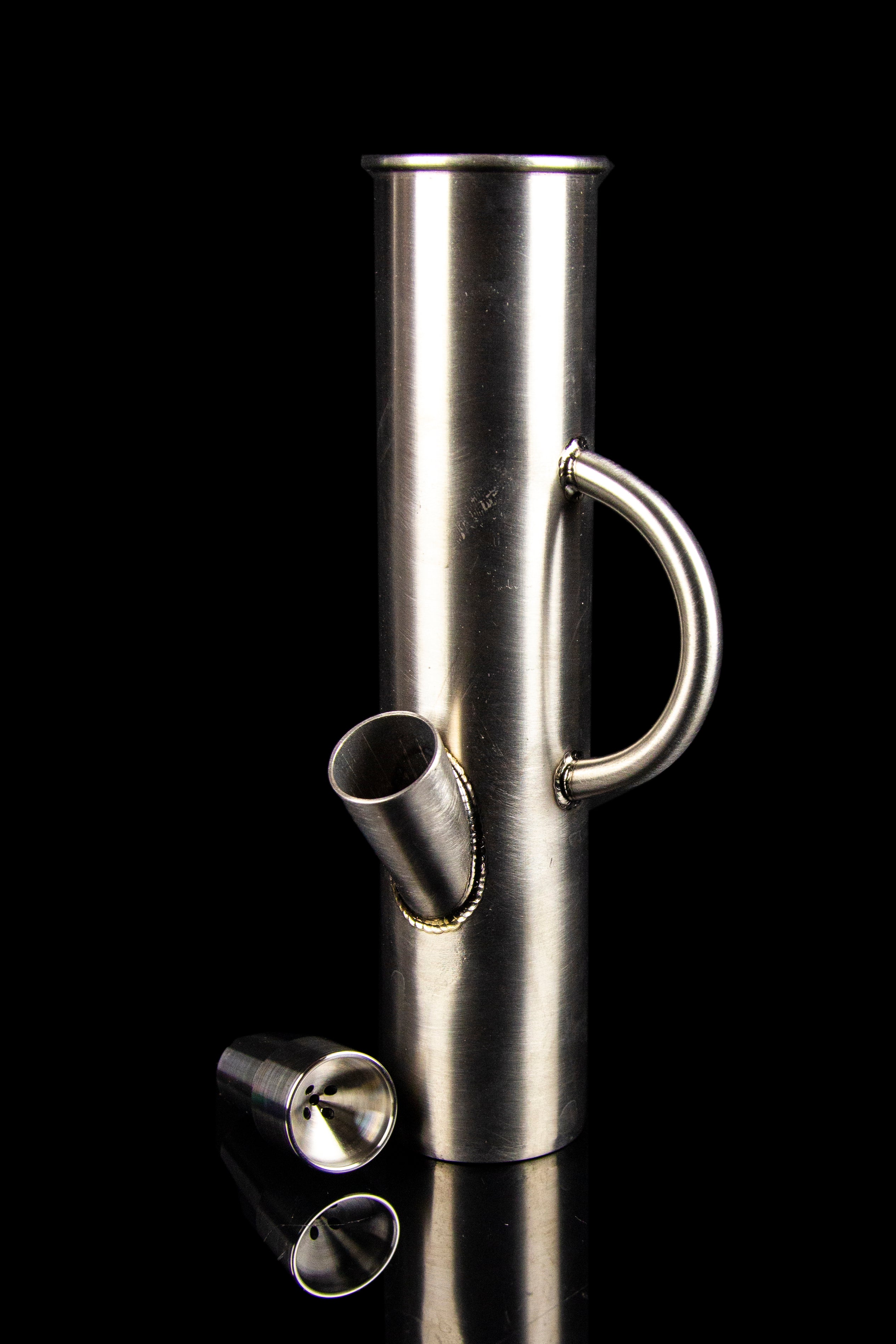 Stainless steel water pipe with removable glass bowls, studio shot on black.