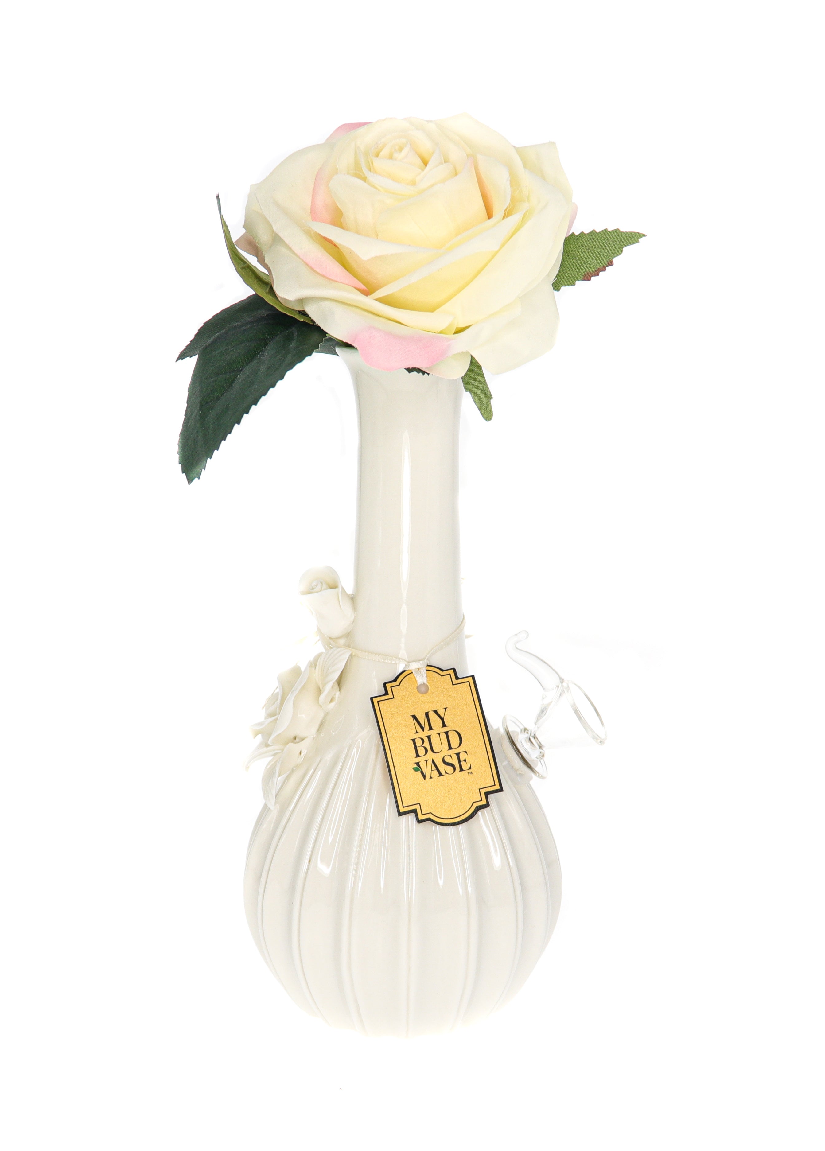A close-up of the My Bud Vase Rose Porcelain Vase Water Pipe, showing a delicate, floral design in soft white.