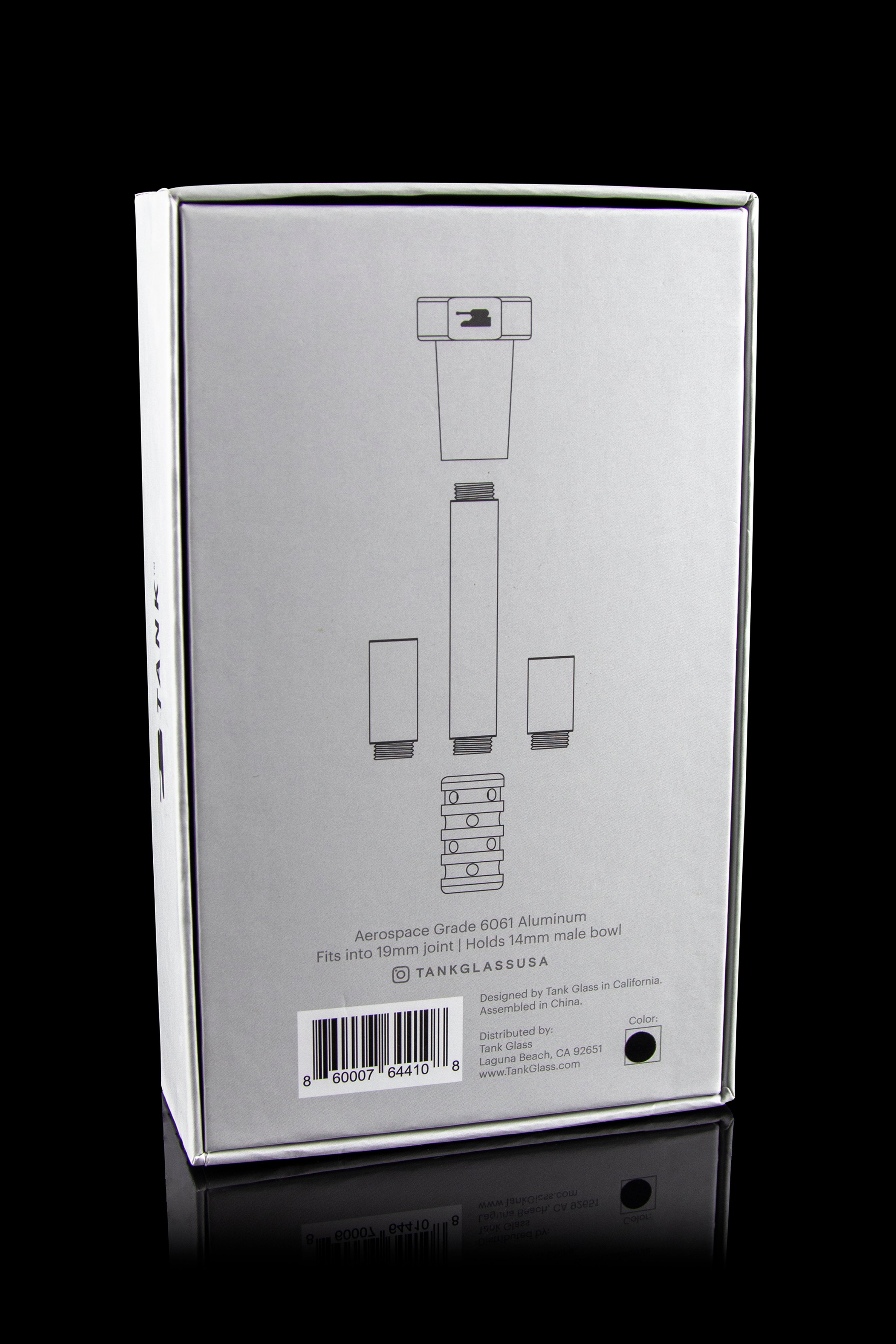 Product packaging for a titanium cannabis bowl, displaying a technical diagram and specifications.