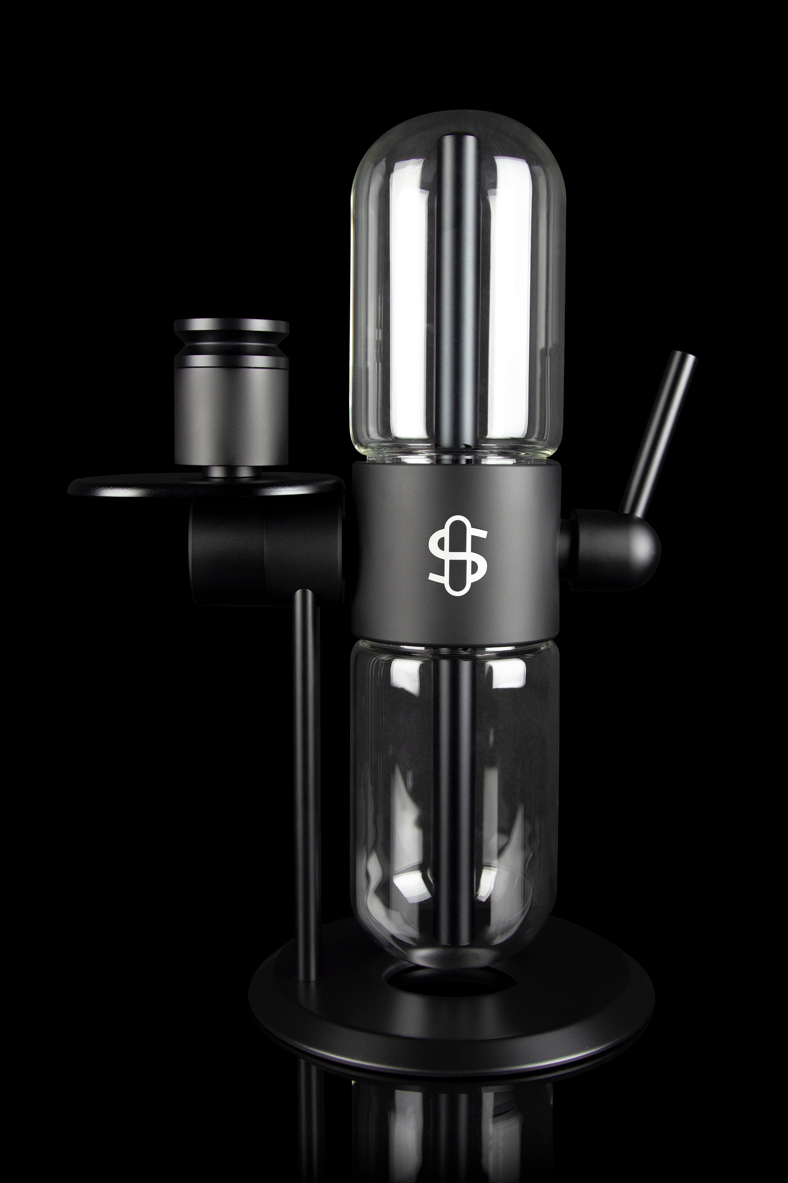 Black glass cannabis rig with a cylindrical percolator chamber and a branded emblem.