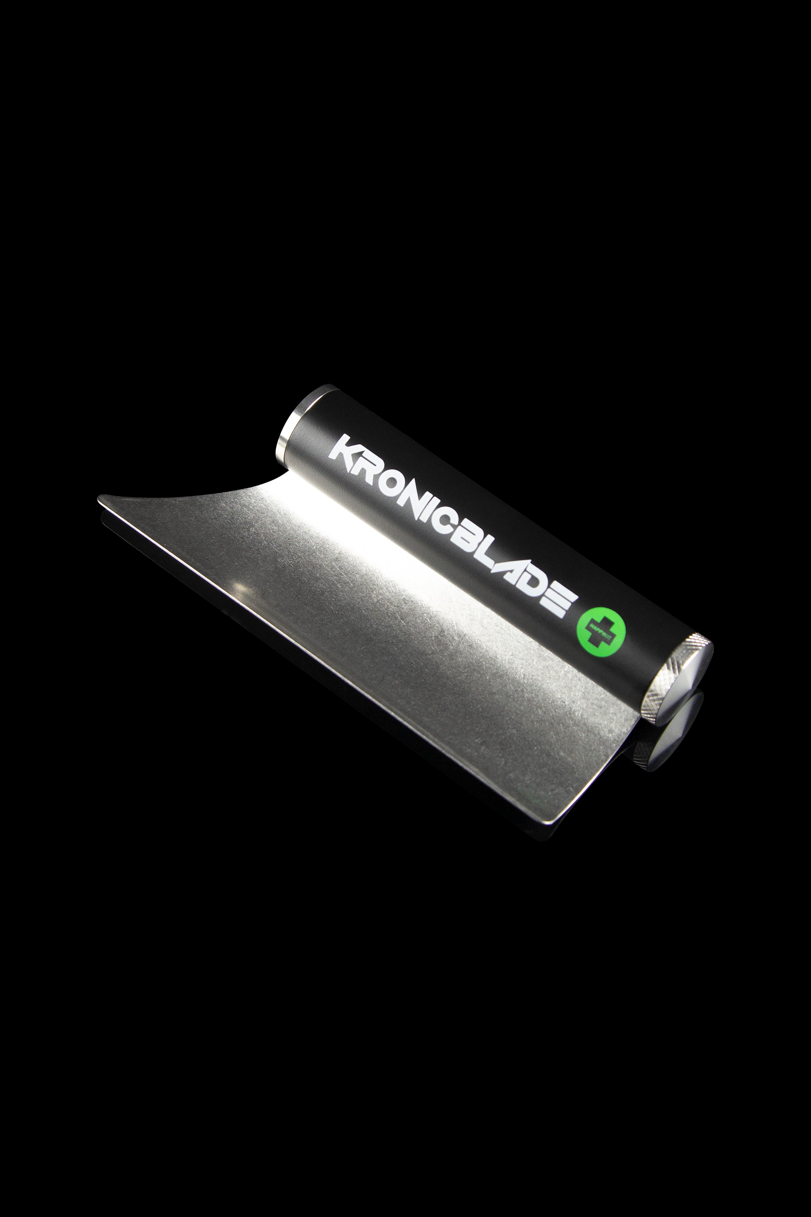 Silver cannabis rolling box with “Kronicblade” logo, isolated on black.