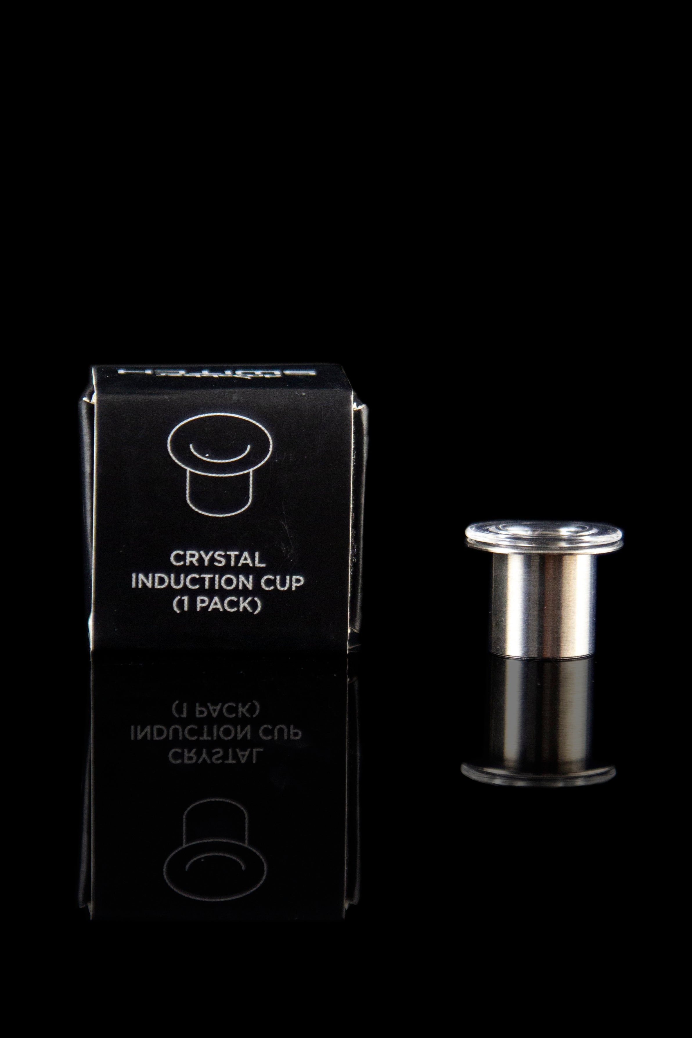 Packaged cannabis oil induction cup with metallic component.