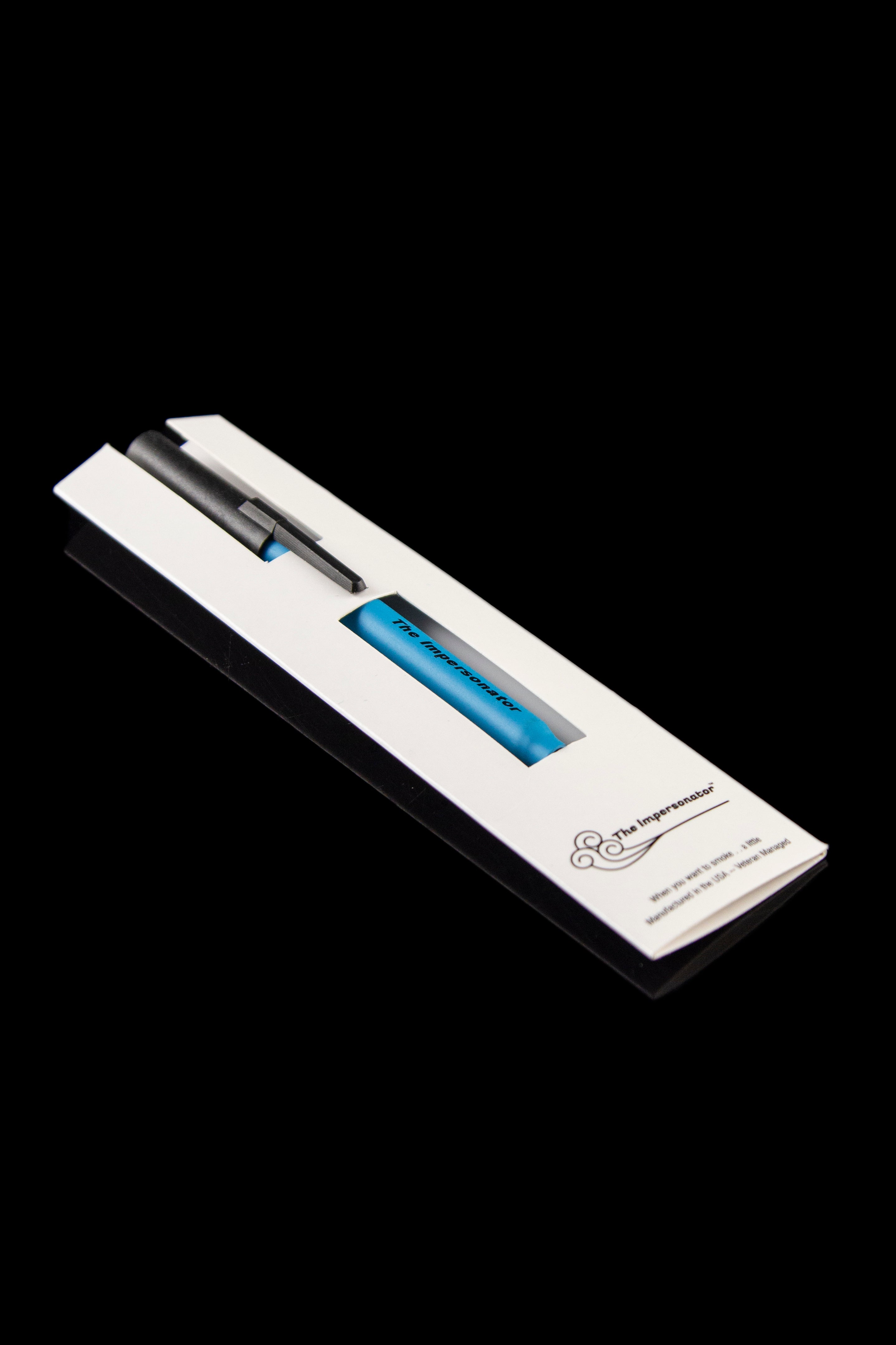 Sleek black and blue one-hitter pipe in a protective case.
