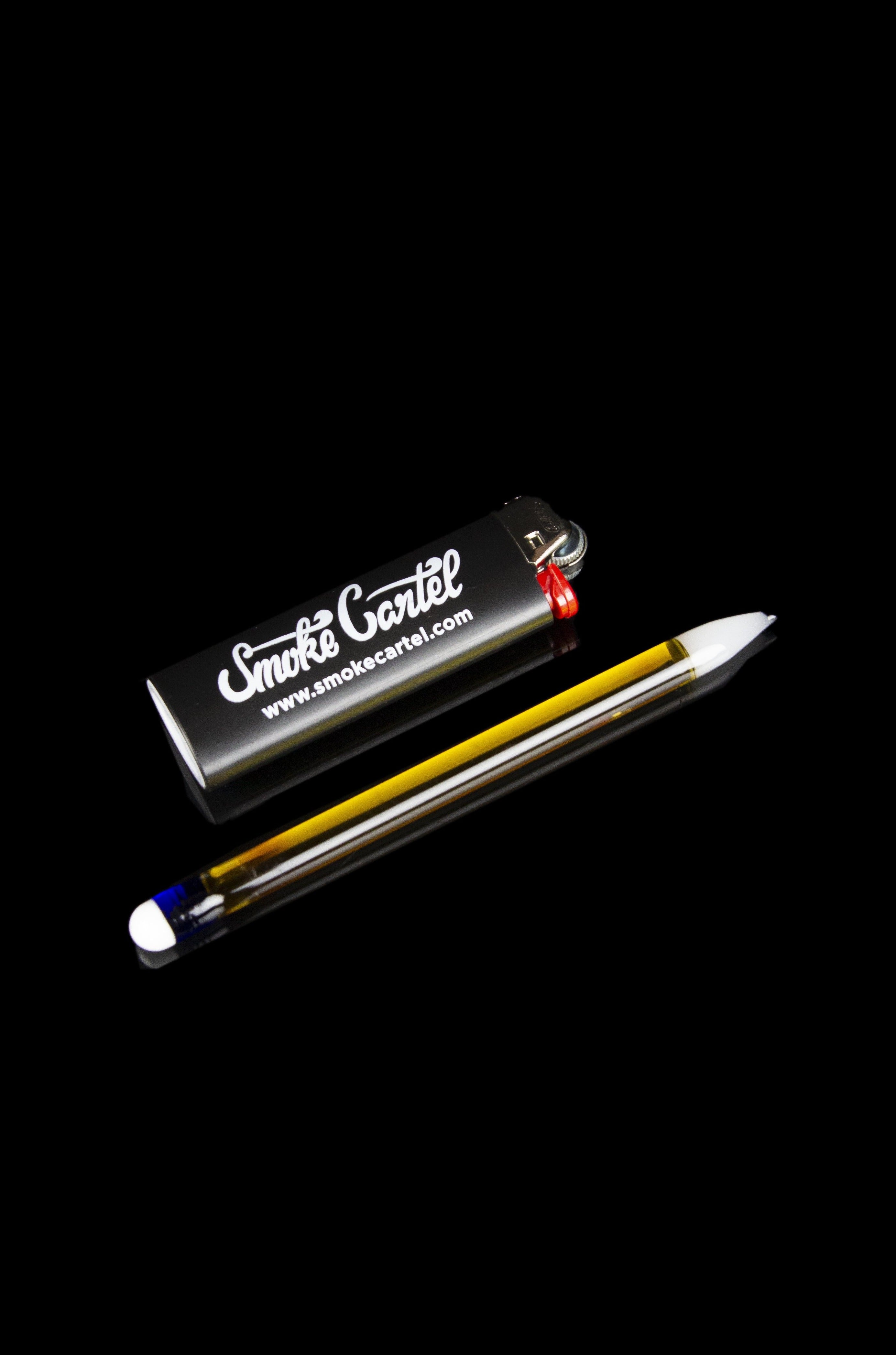 Cannabis oil vape pen and carrying case with “Smoke Cartel” branding against a black background.