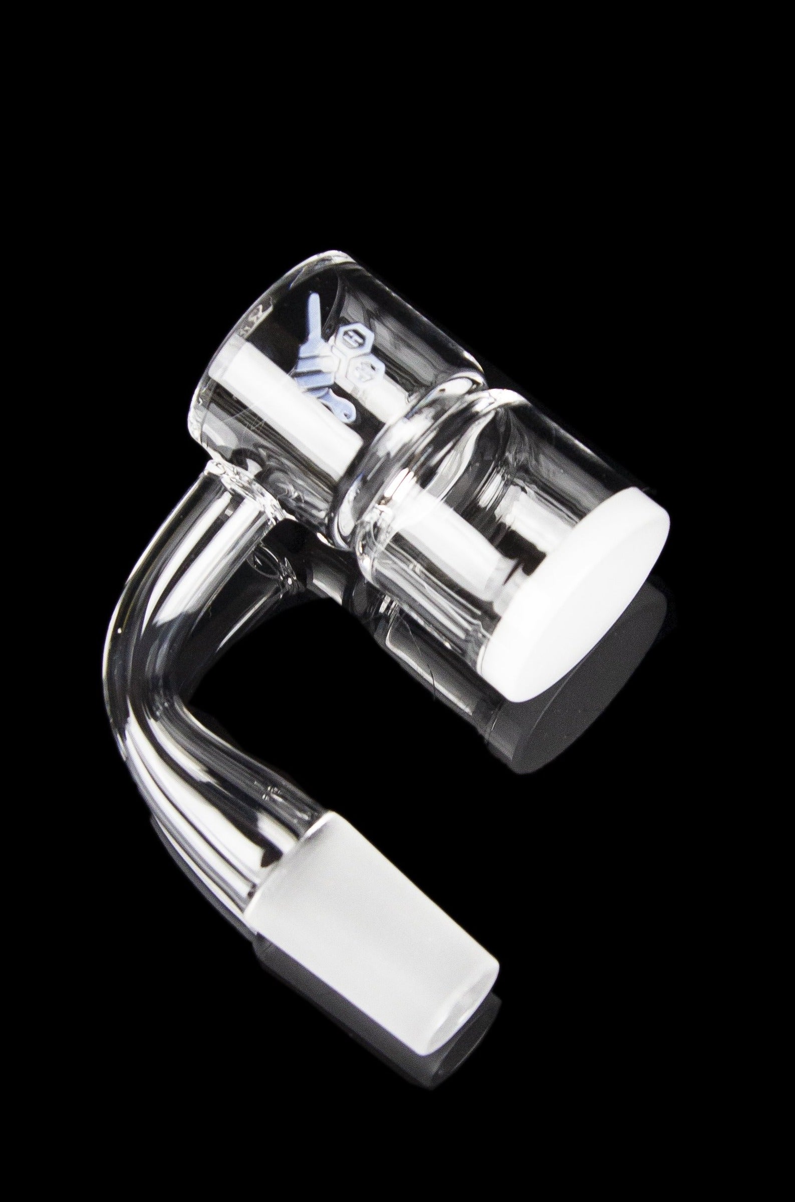 Clear glass dab rig with intricate design, isolated on a black background.