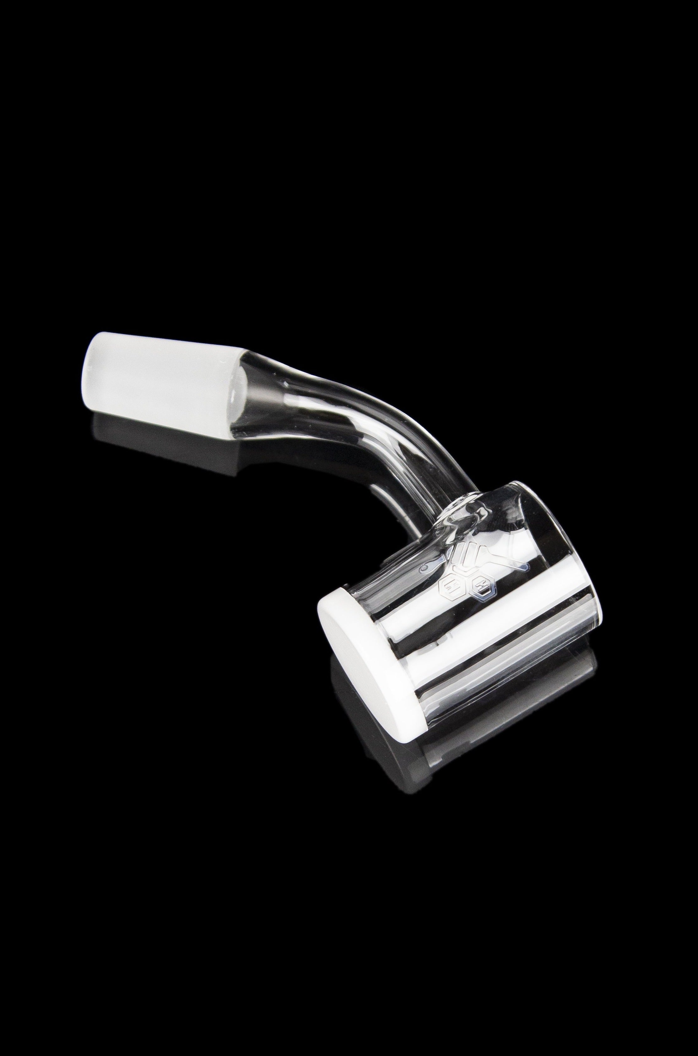 Clear quartz dab nail with angled tip and vapor path, isolated on black.