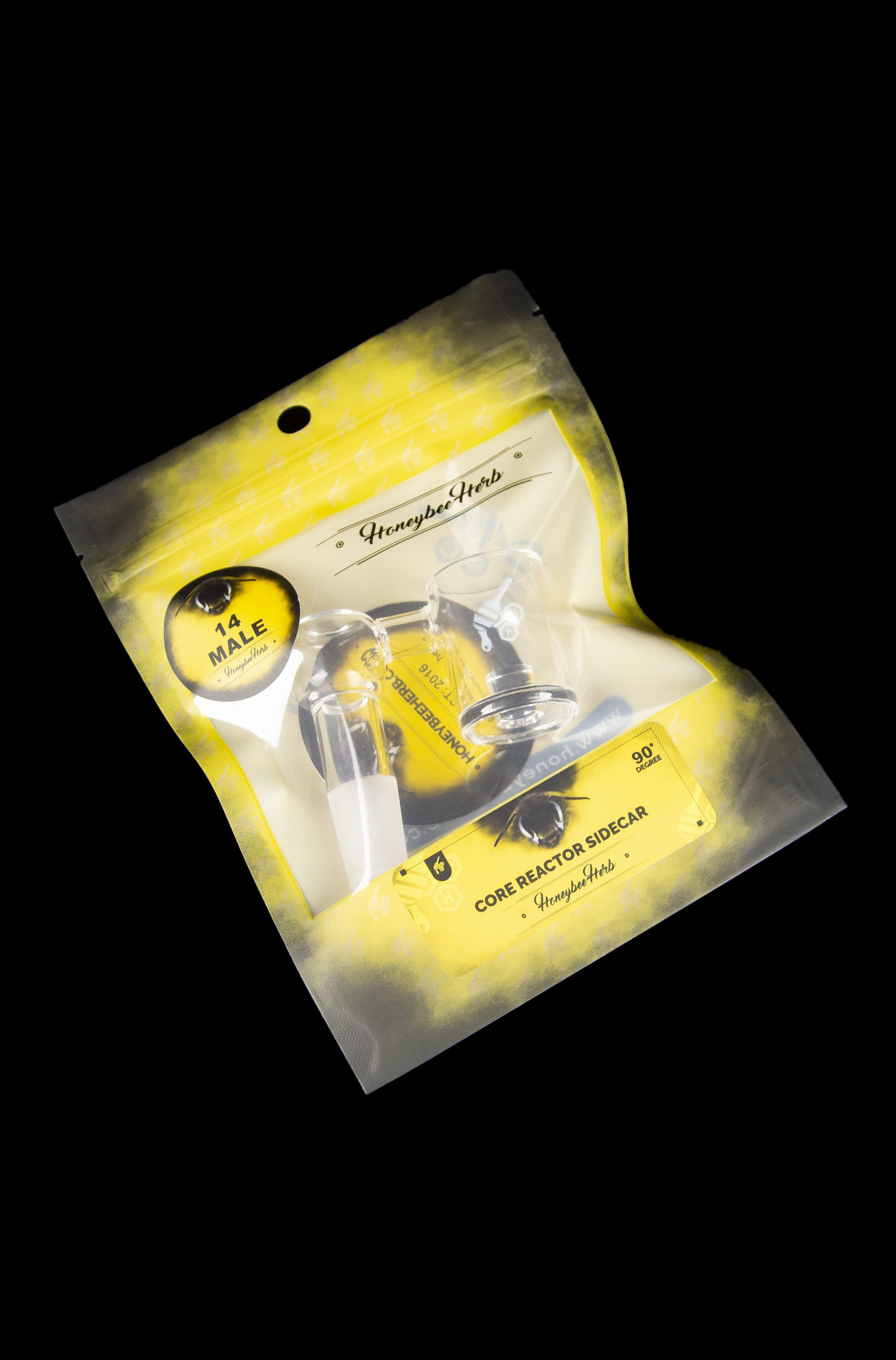 Yellow foil bag for “Honeybee Herbs” cannabis accessory, featuring a cartoon bee and text indicating “Core Reactor Sidecar” and “90%”.