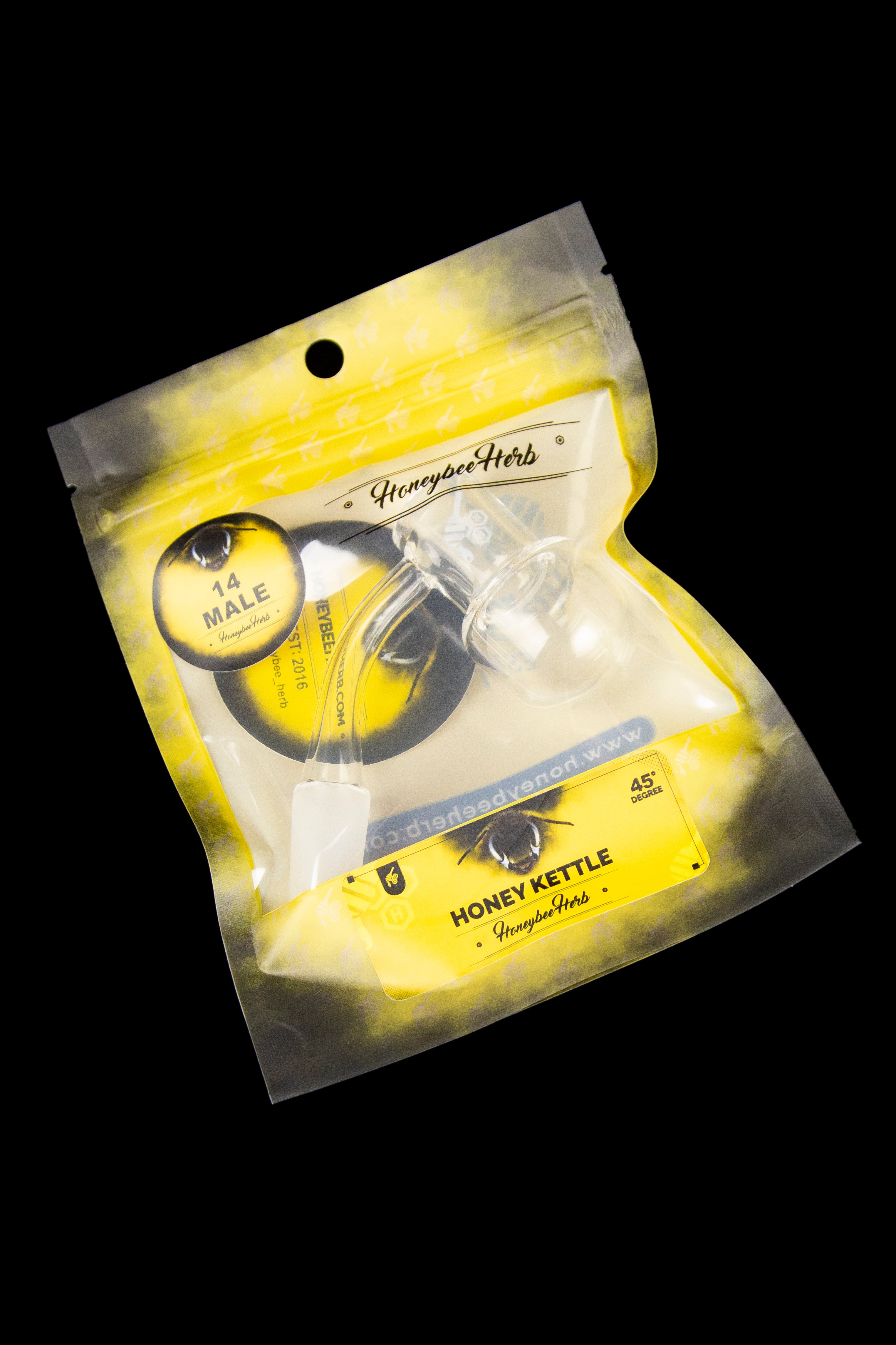 Yellow mylar bag with cannabis branding, featuring a bee illustration and “Honeybee Herb” text.