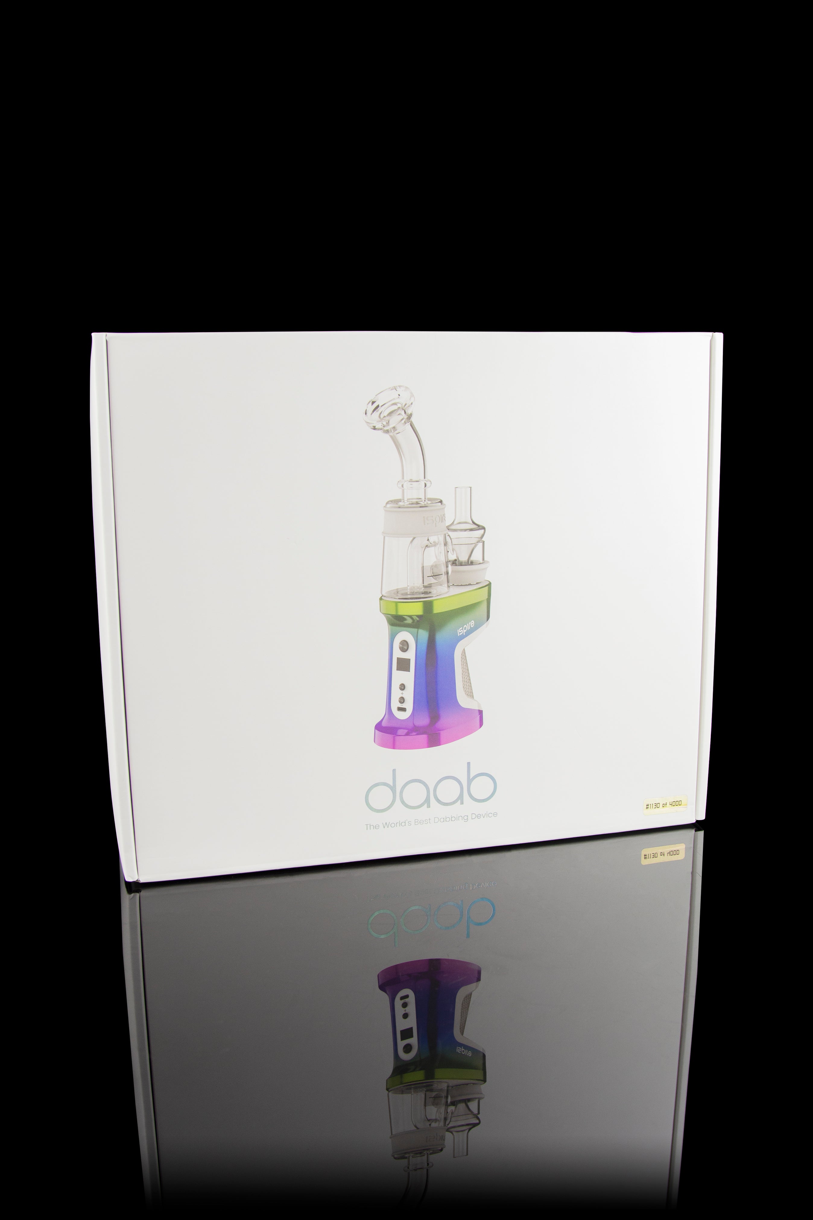 Daab cannabis oil vaporizer pen and packaging with reflective surface.