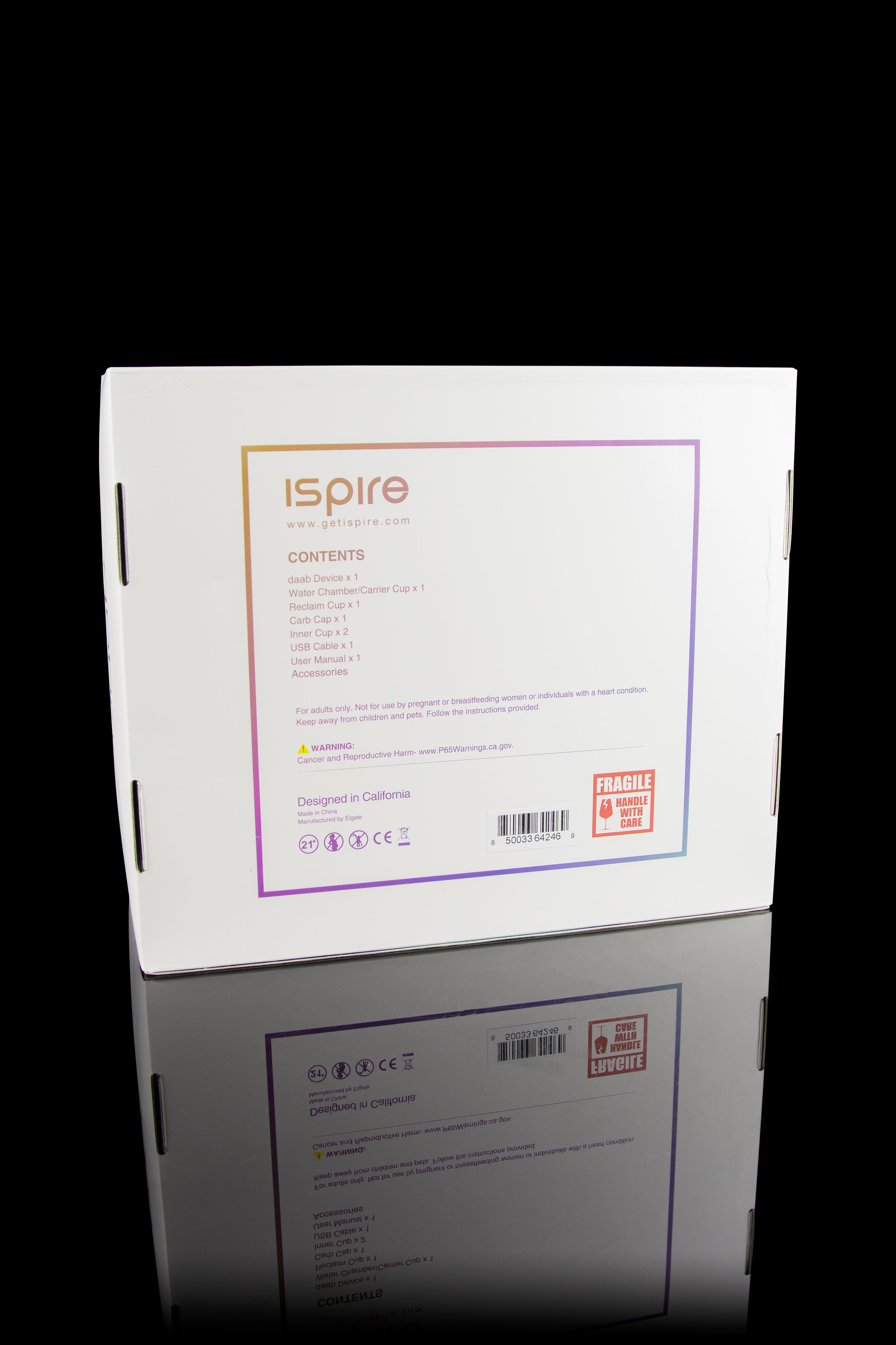 Closed packaging for a cannabis vaporization device, labeled "ispire" with contents listed and a "Fragile - Handle with Care" sticker.