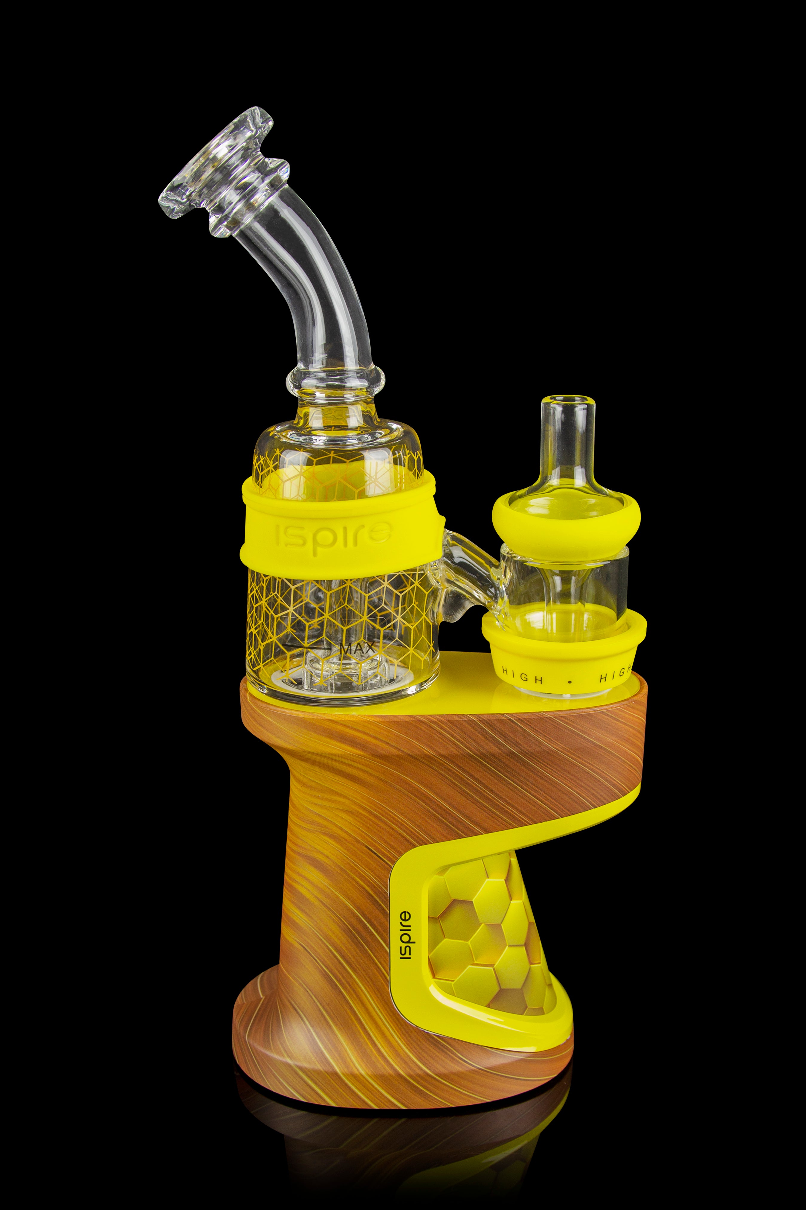 A portable cannabis vaporizer (enail) with a glass water pipe attachment, featuring a wooden base and yellow accents.