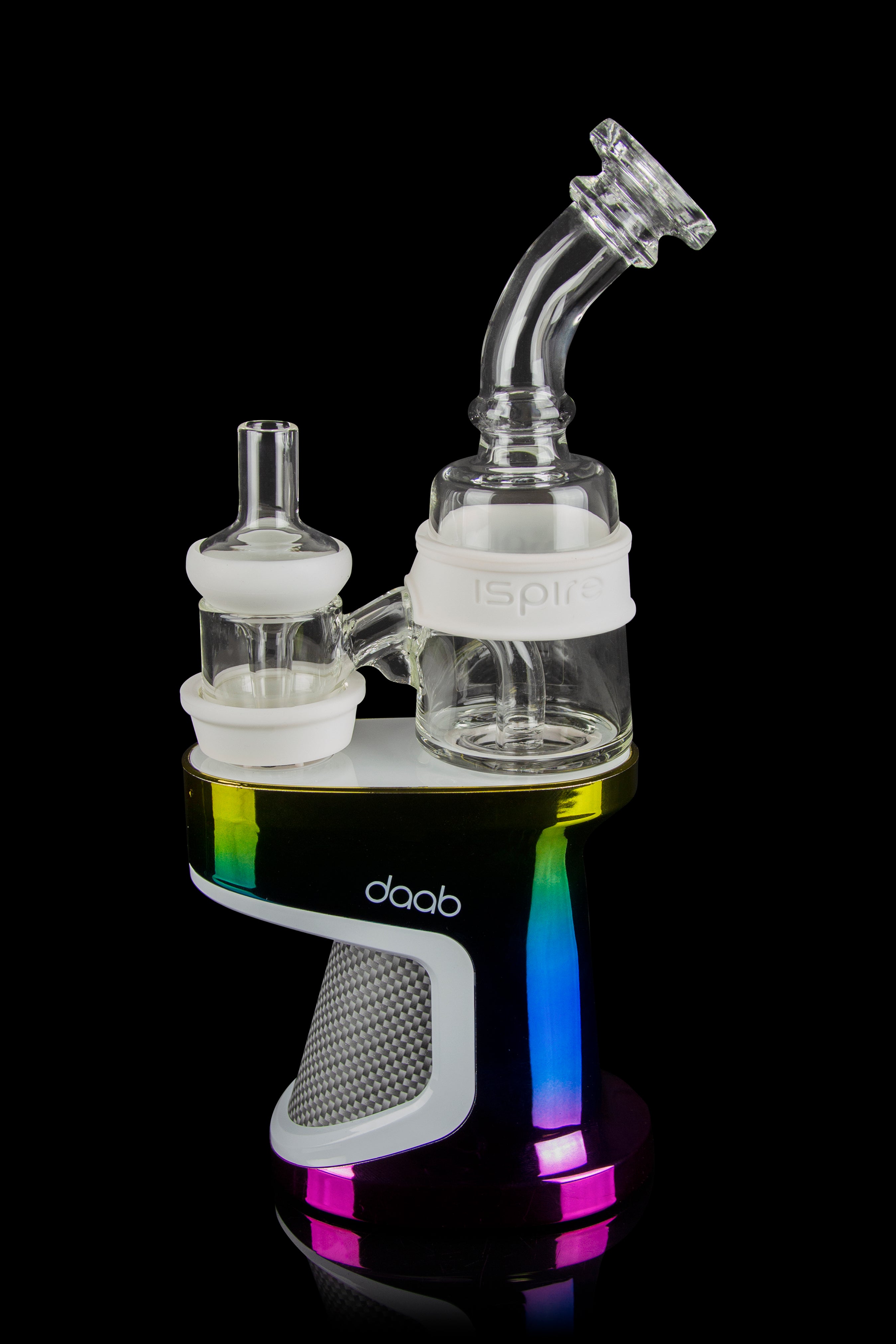 Clear glass dab rig with accessories on a colorful illuminated base.