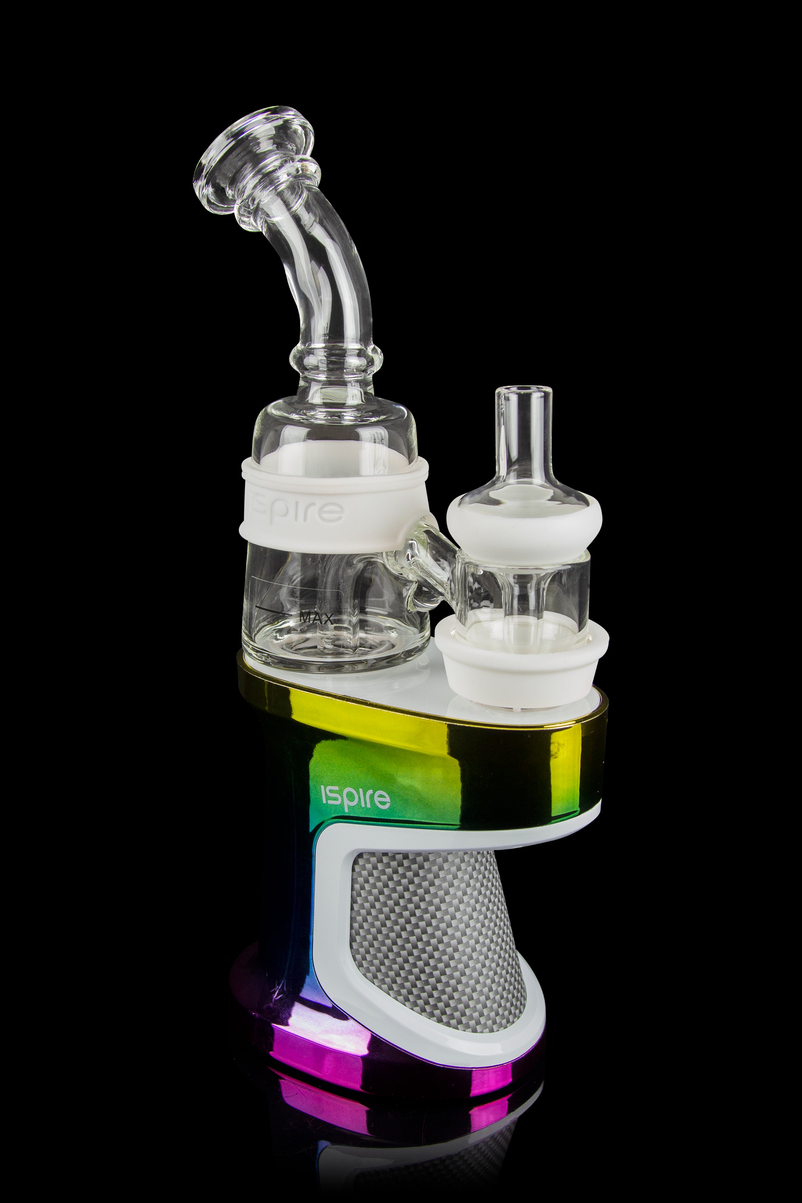 A white glass dab rig connected to a portable e-nail vaporizer with colorful LED lighting.