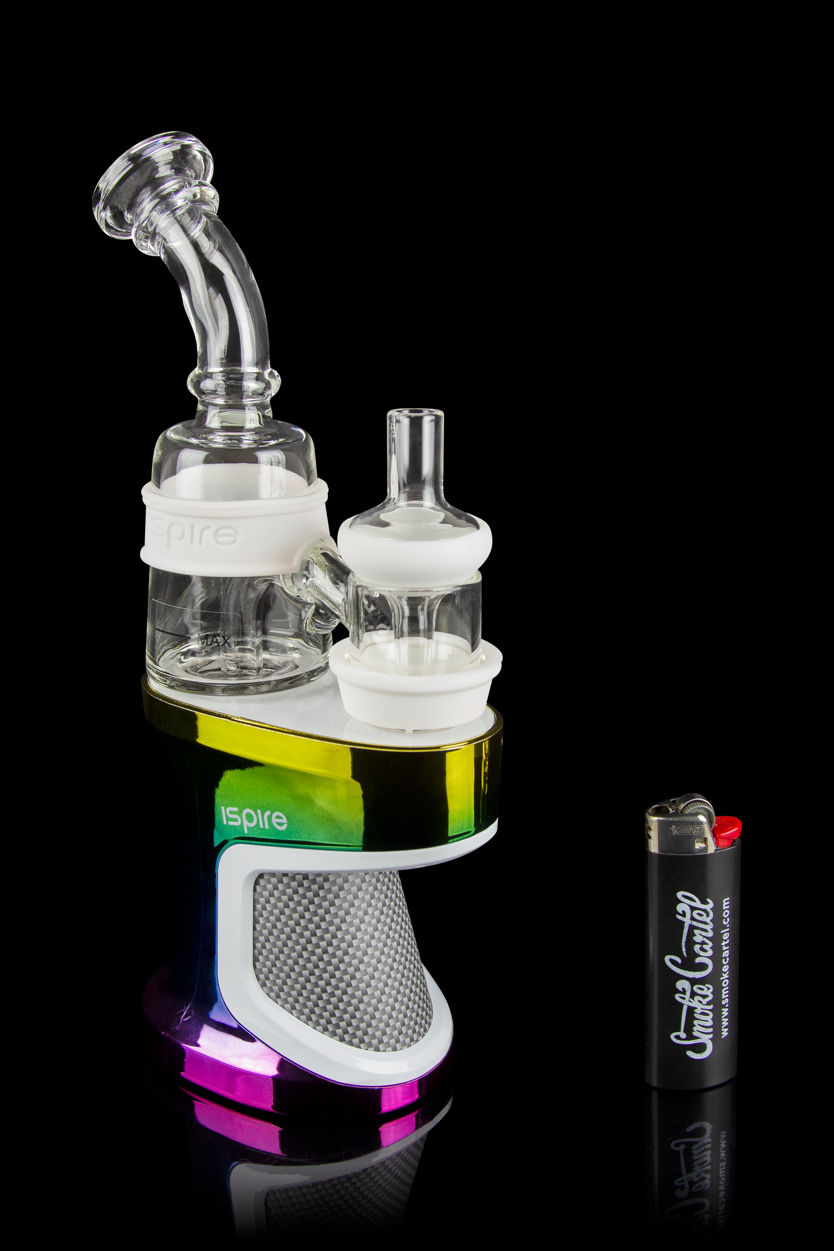 Glass rig with electronic dab nail and lighter, studio shot.