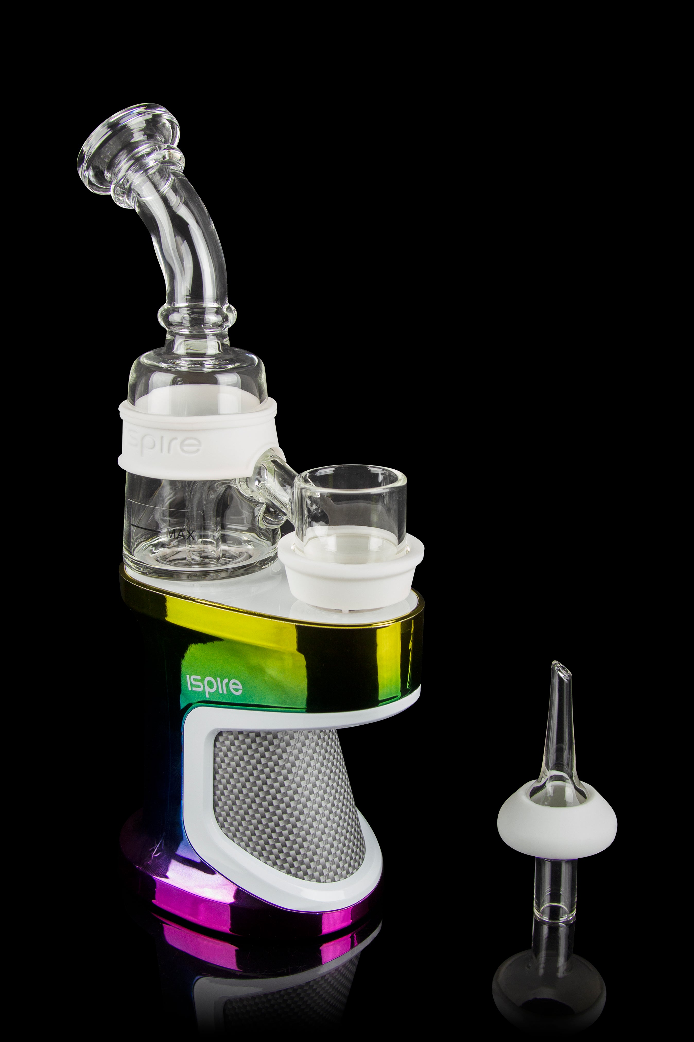 A white and iridescent electronic dab rig with a glass water pipe attachment and quartz banger, displayed against a black background.