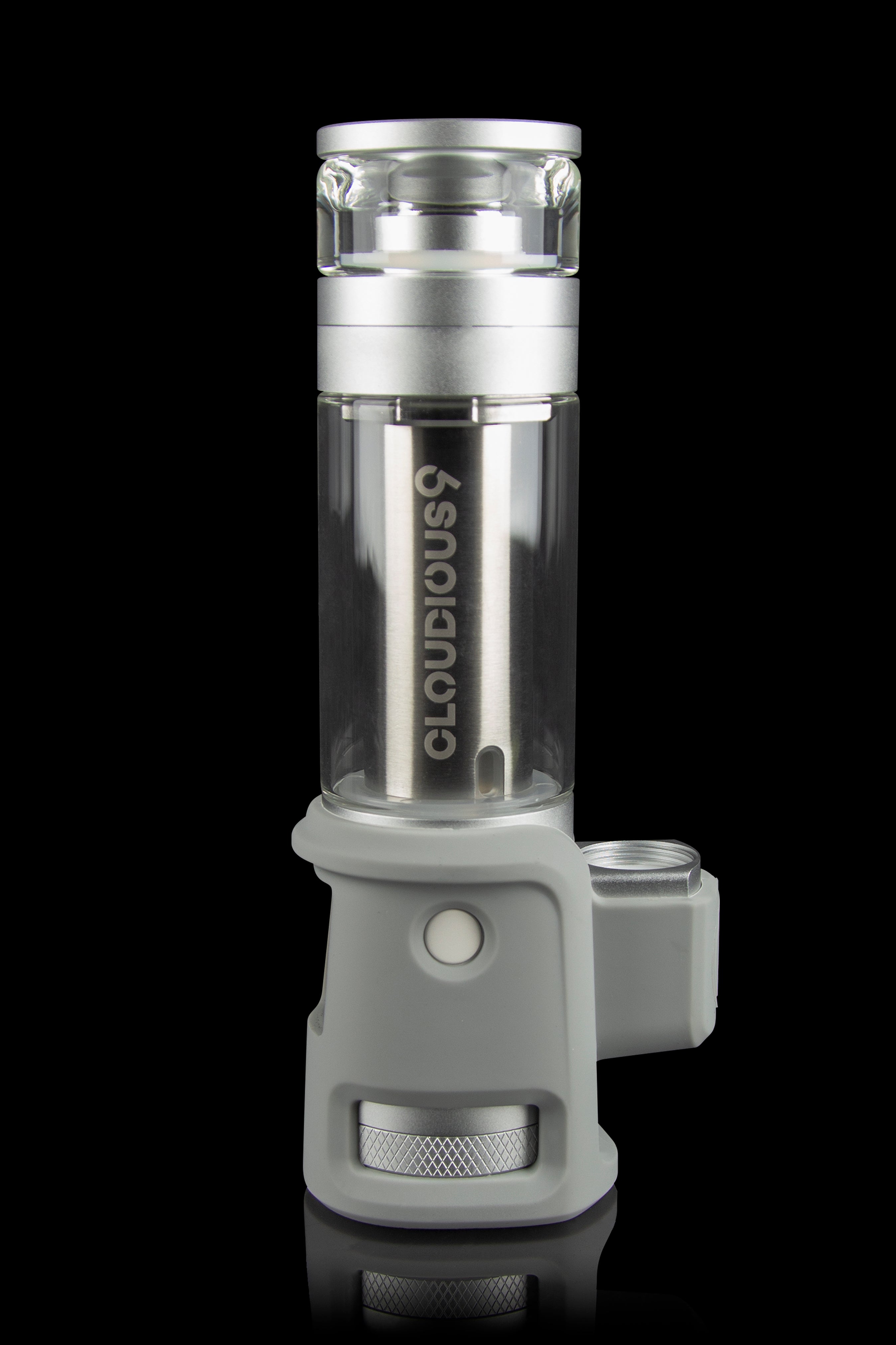 Silver and gray electronic dab rig with a glass water pipe attachment, branded “Cloudious9.”