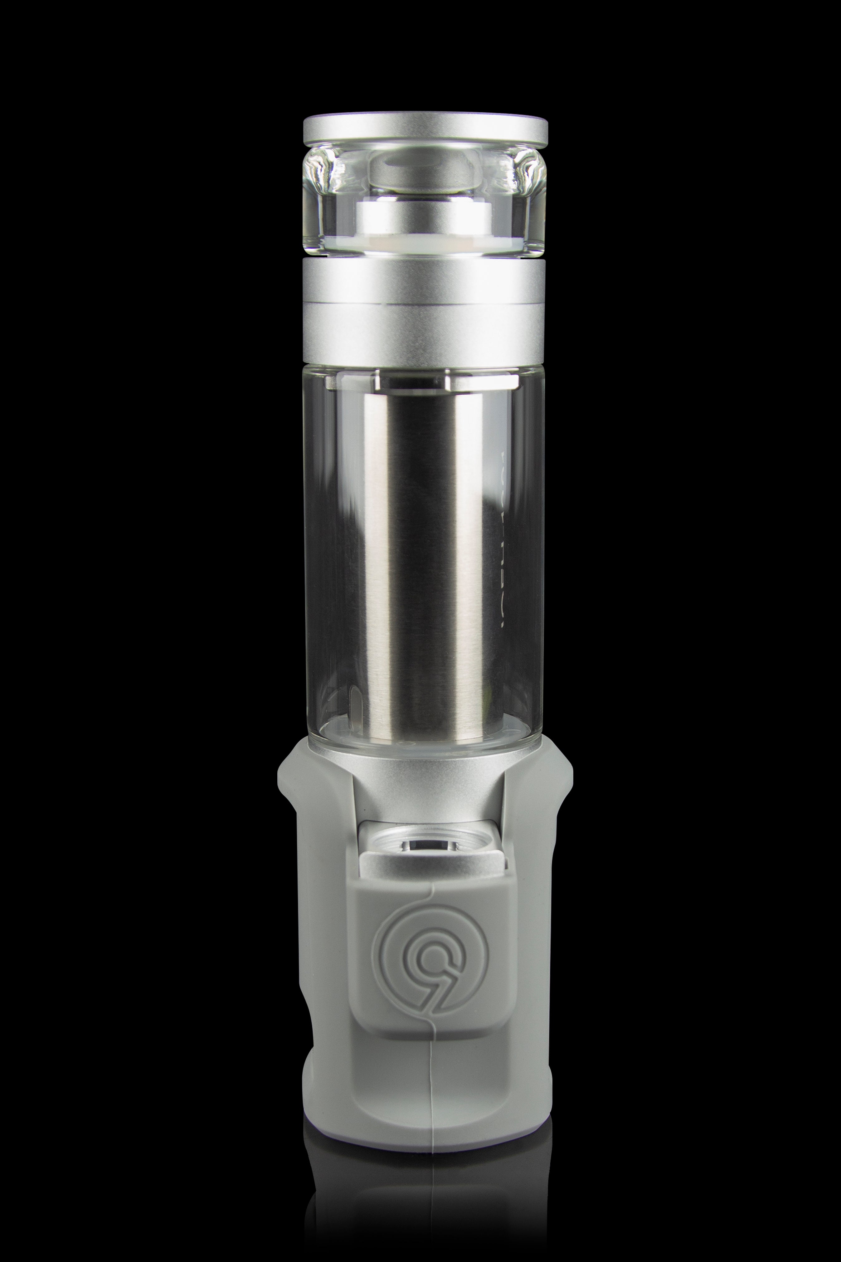 Silver and frosted glass cannabis oil rig with a cylindrical shape and visible internal components, against a black background.