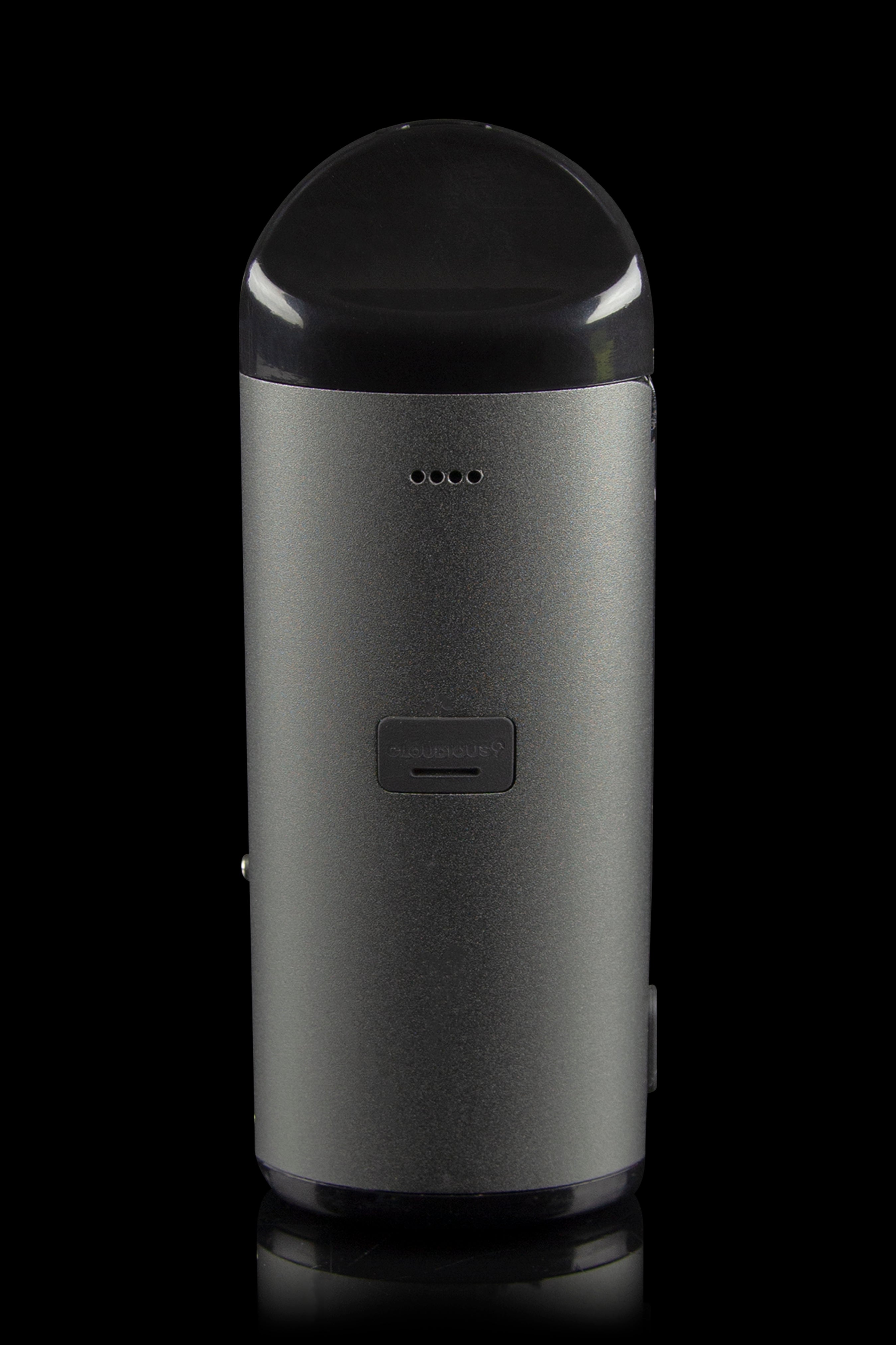 Sleek, matte black cannabis vaporizer pen with a clear mouthpiece and indicator lights.