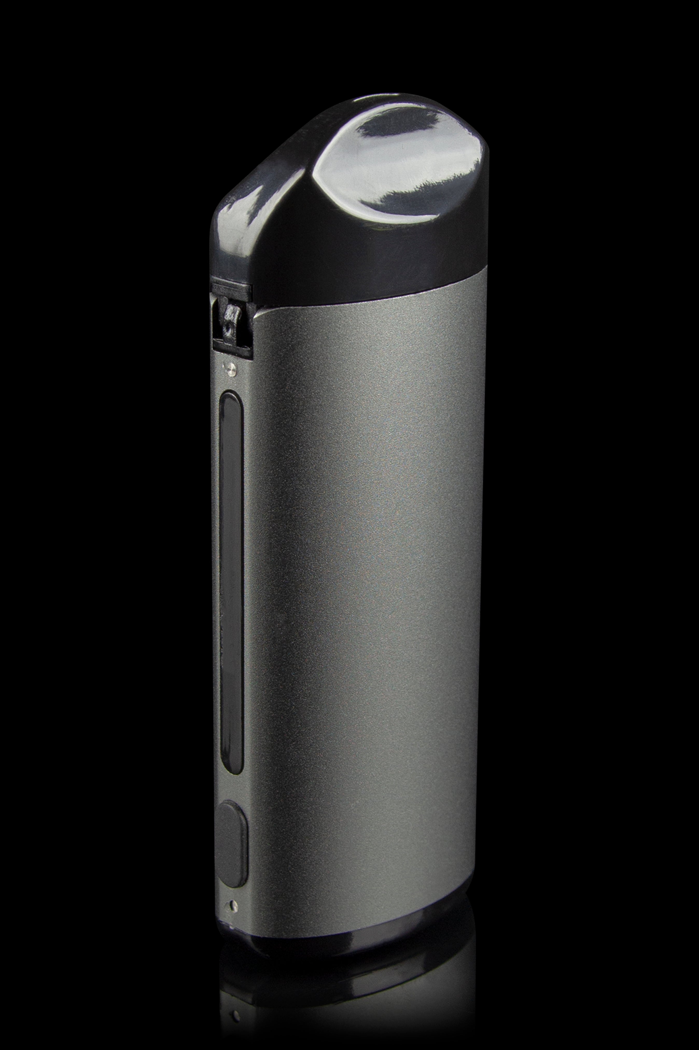 Sleek, gray cannabis vaporizer pen with a minimalist design, studio shot against a black background.