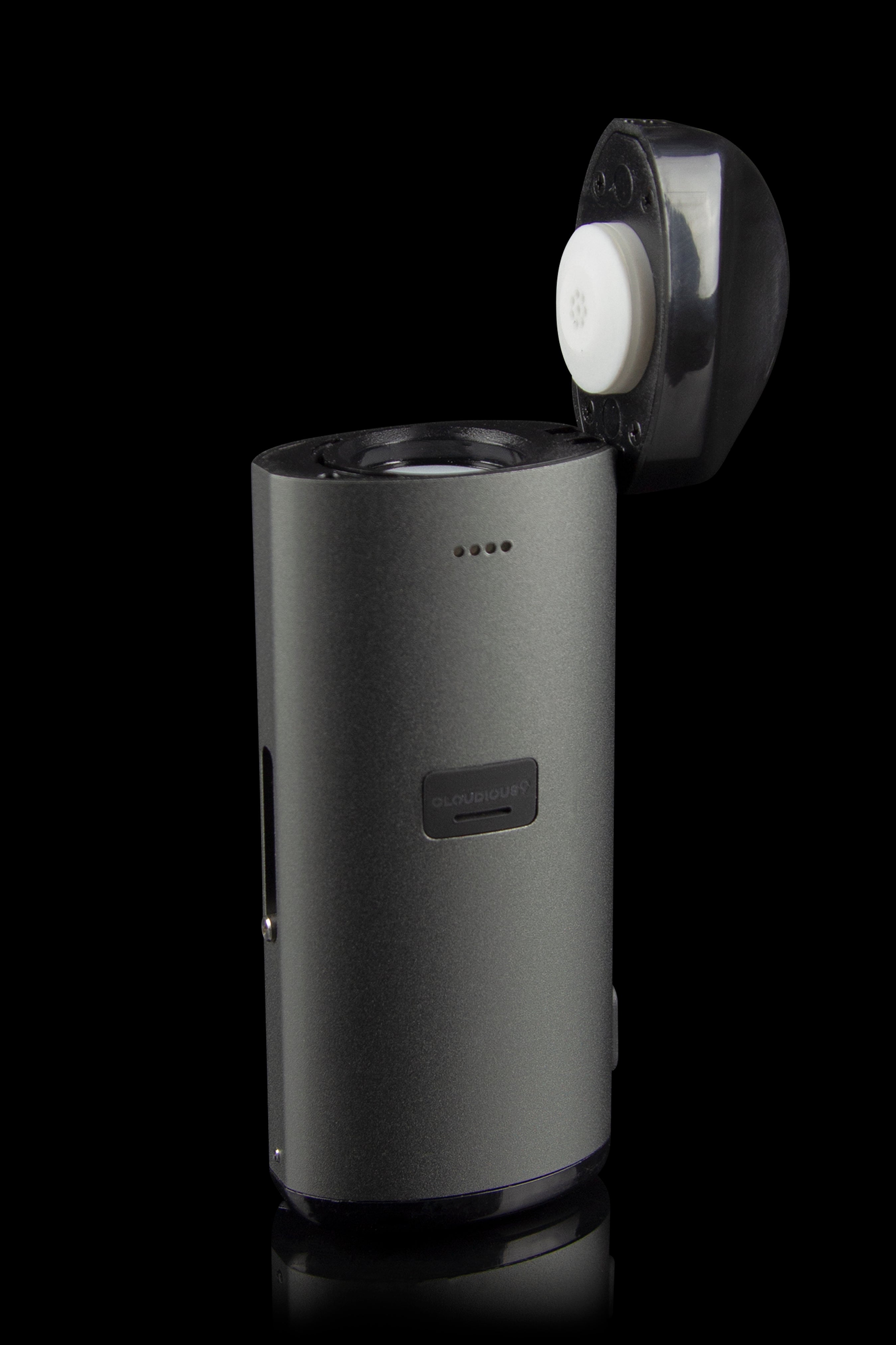 Sleek, black cannabis vaporizer pen with magnetic cap detached, displayed against a dark background.