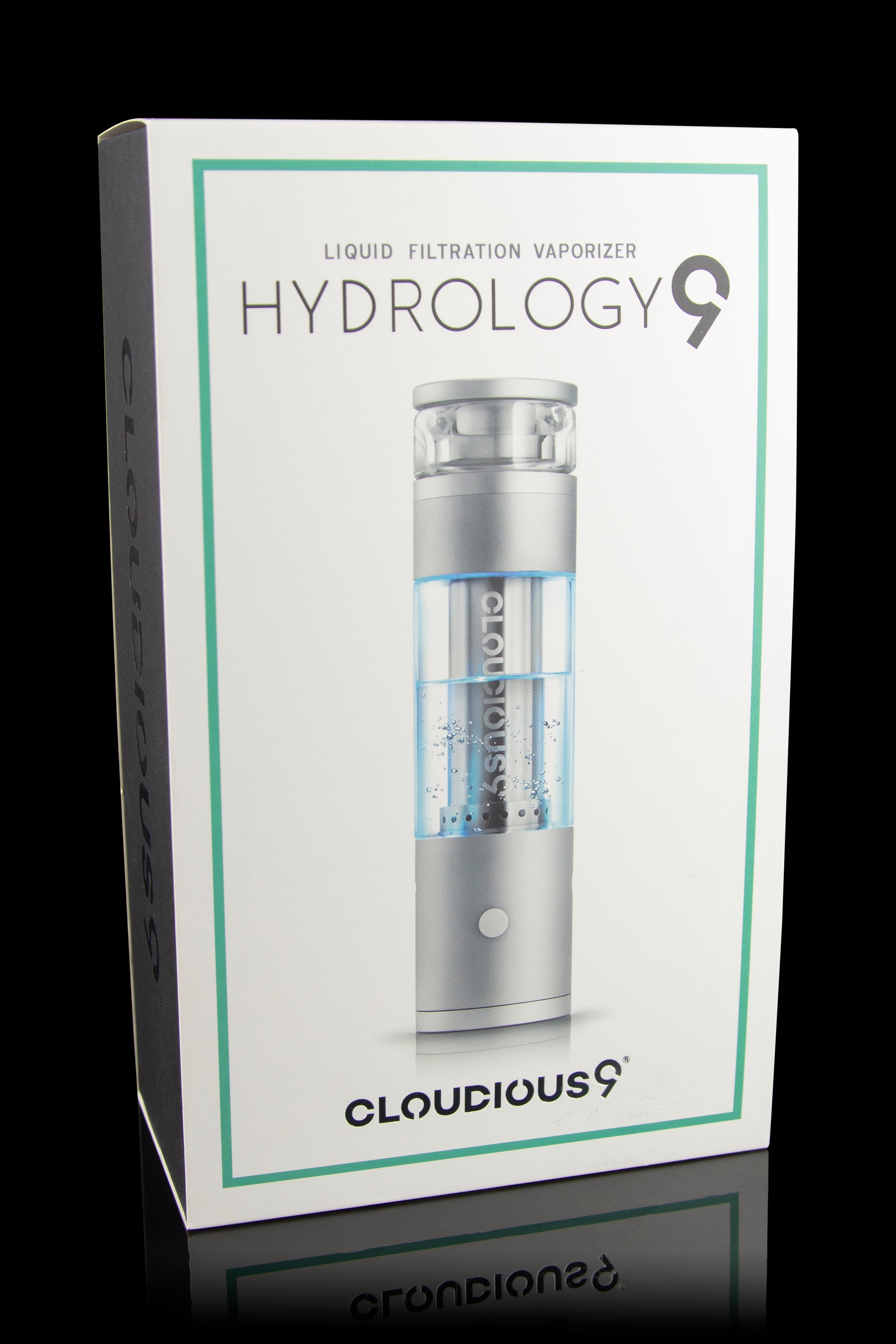 Product packaging for Cloudious9 Hydrology cannabis vaporizer, featuring a silver device with a clear liquid chamber.