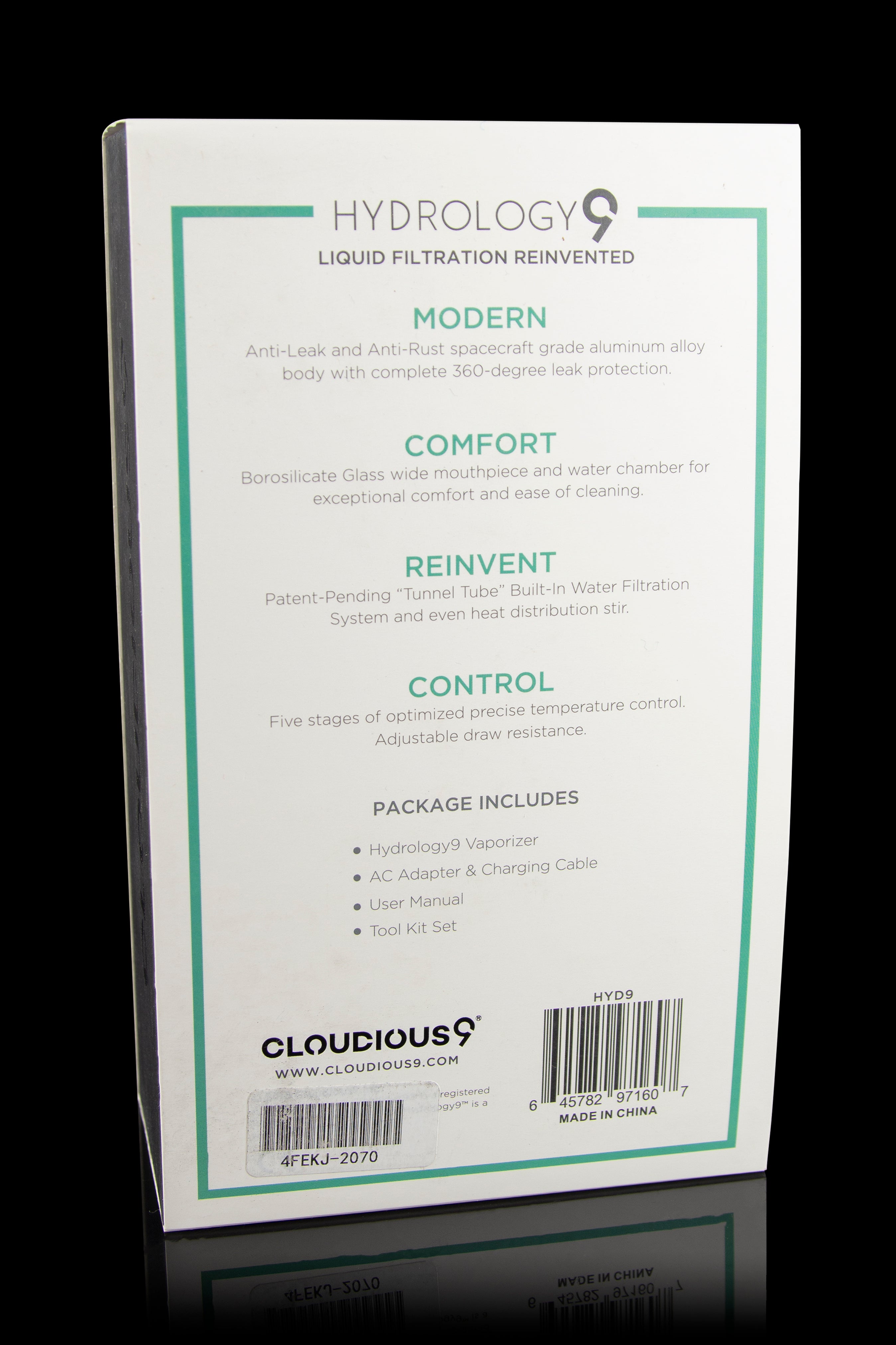 Product packaging for the Hydrology9 vaporizer, detailing features like water filtration, temperature control, and included accessories.