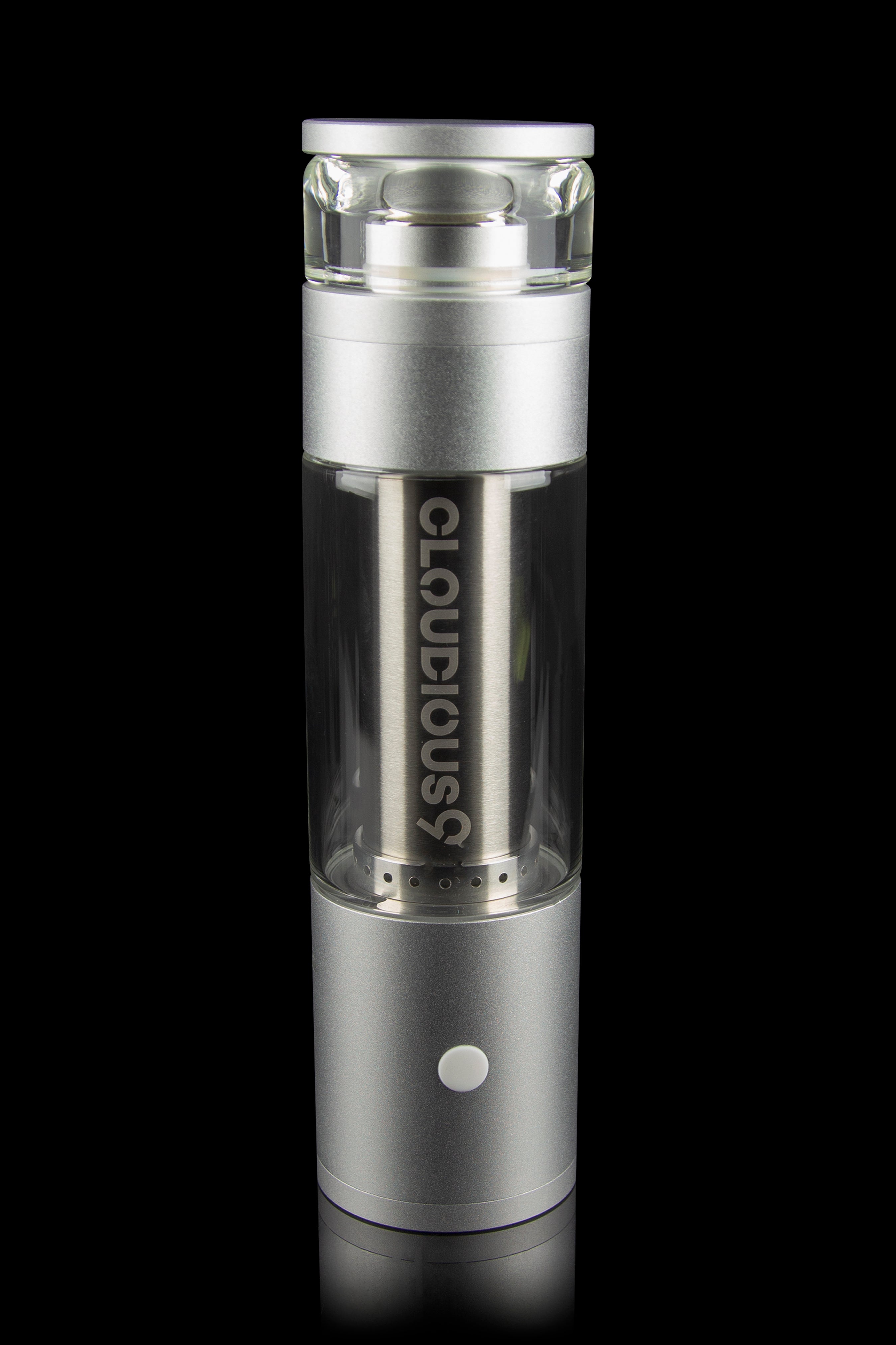 Silver cannabis e-rig with glass bubbler, labeled “Cloudious9.”
