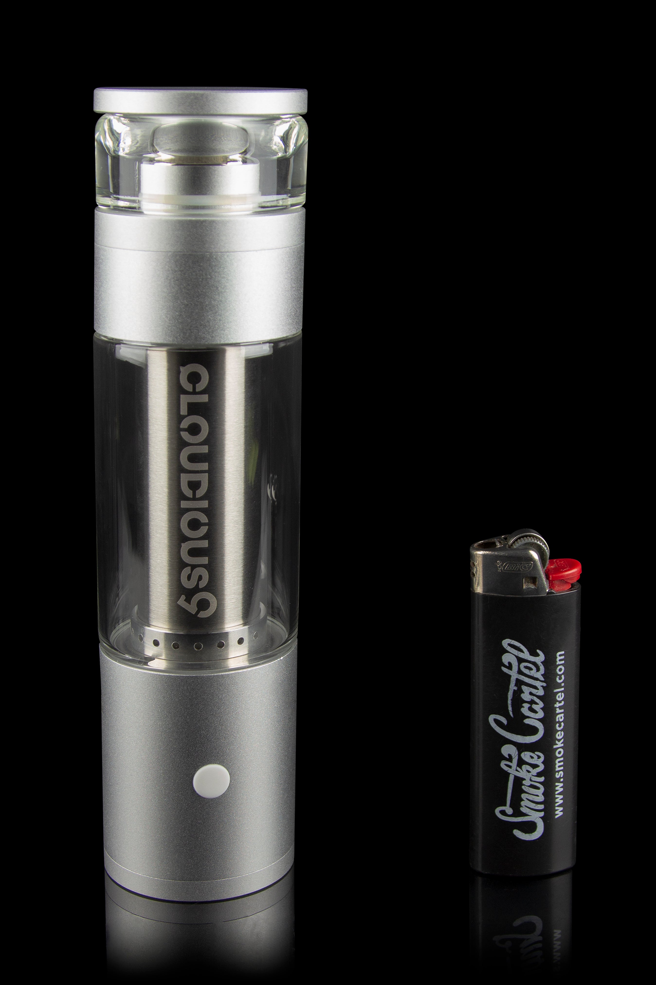 Silver Cloudious9 vaporizer pen and lighter on a reflective surface.