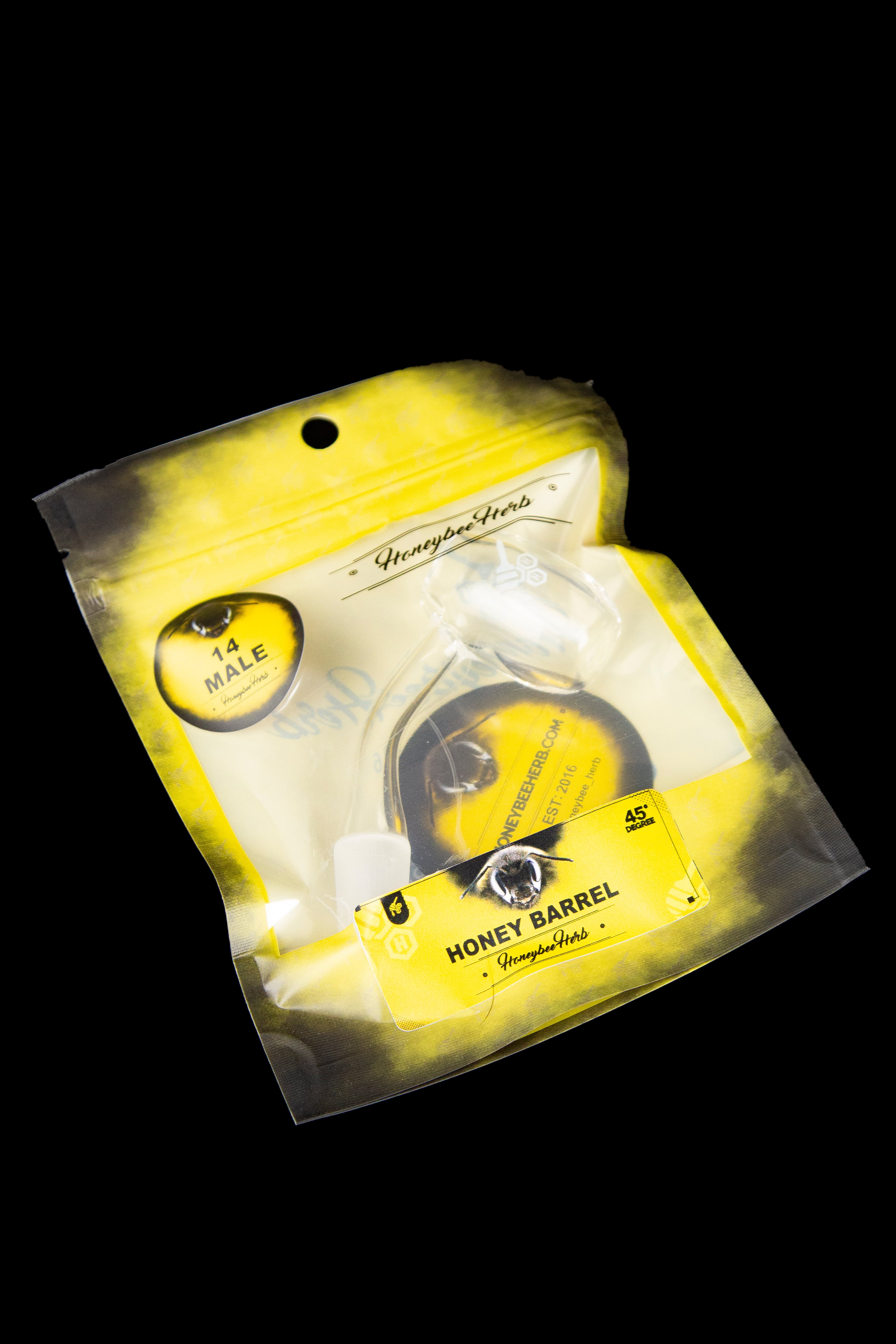 Yellow and black mylar bag for cannabis products, branded "Honey Barrel" with a vintage motorcycle helmet illustration.