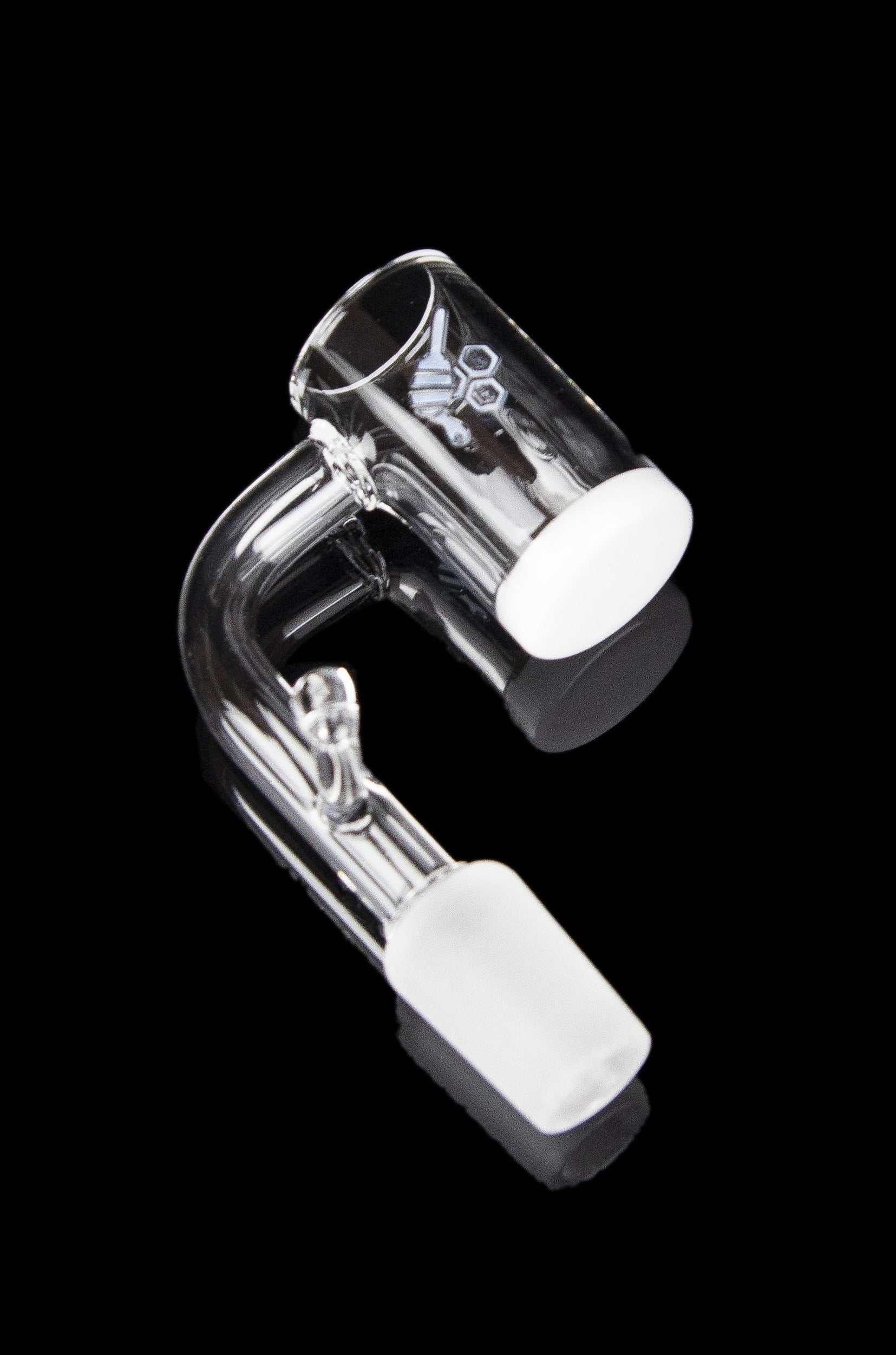 Clear quartz dab rig nail with a visible bowl and joint, isolated on a black background.