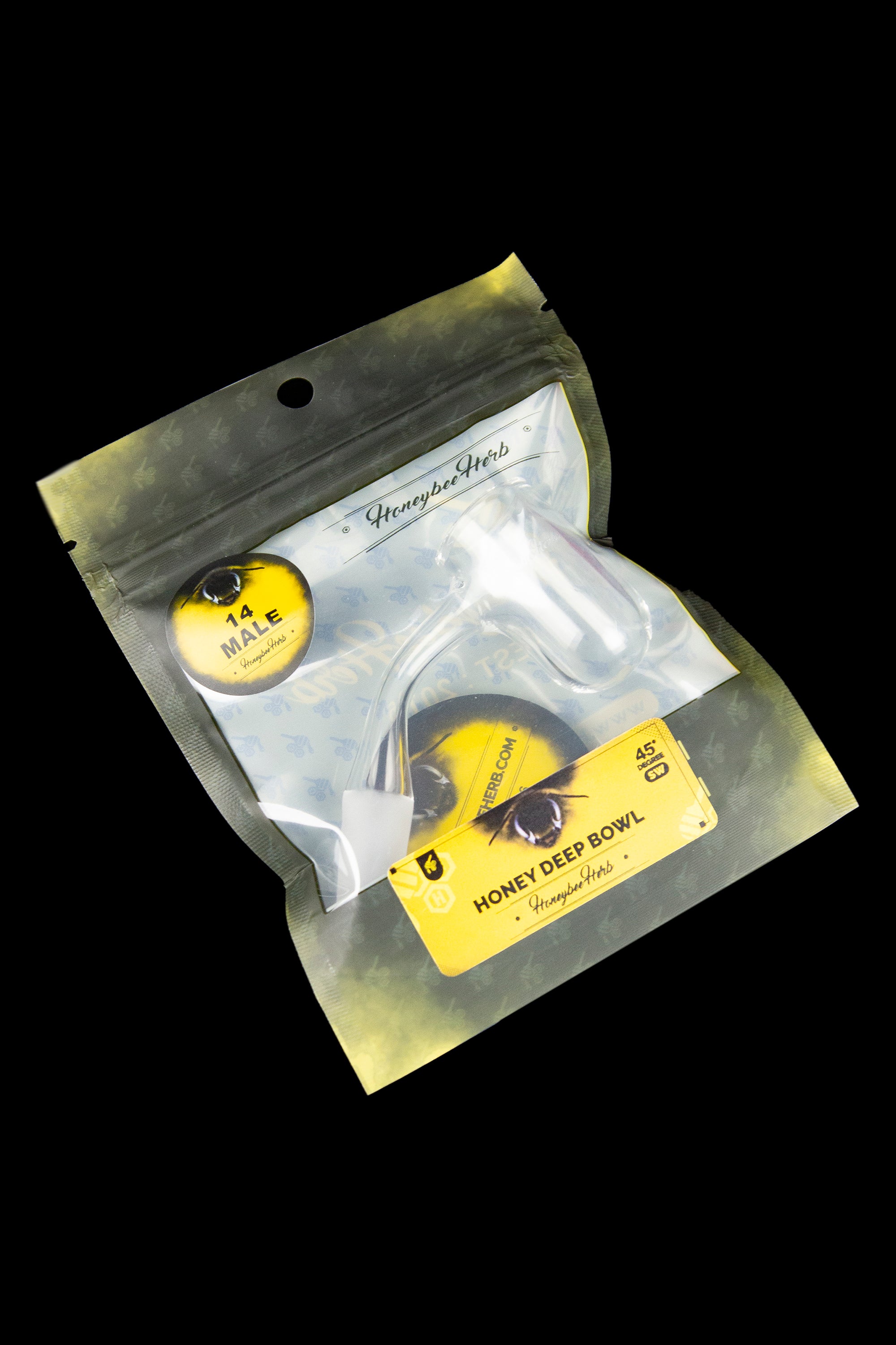 A sealed, metallic gold mylar bag containing a glass pipe and a round sticker labeled "14 Male," with branding for "Honeybee Herb."