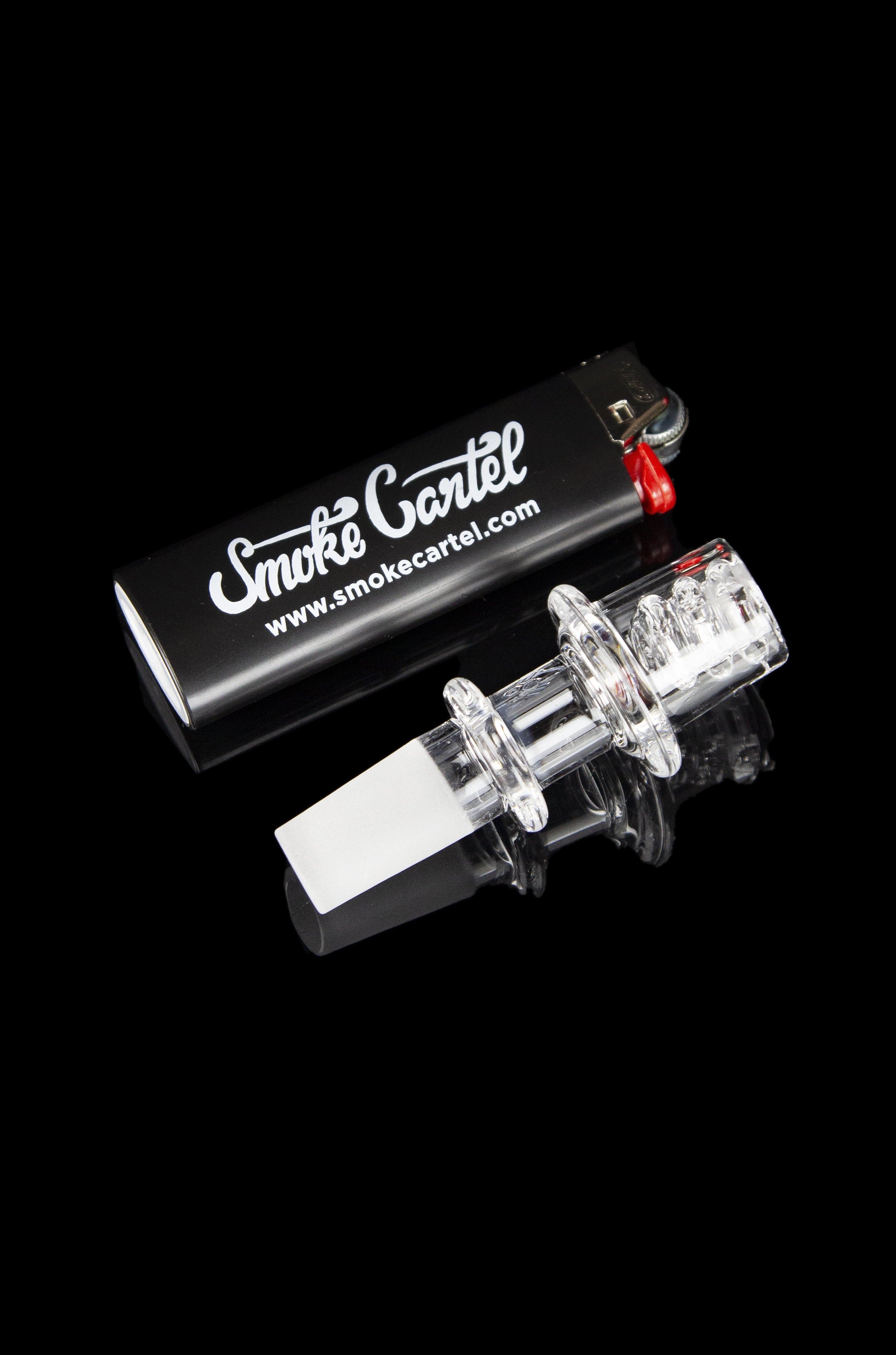 Glass bubbler with black accents and “Smoke Cartel” branding against a black background.