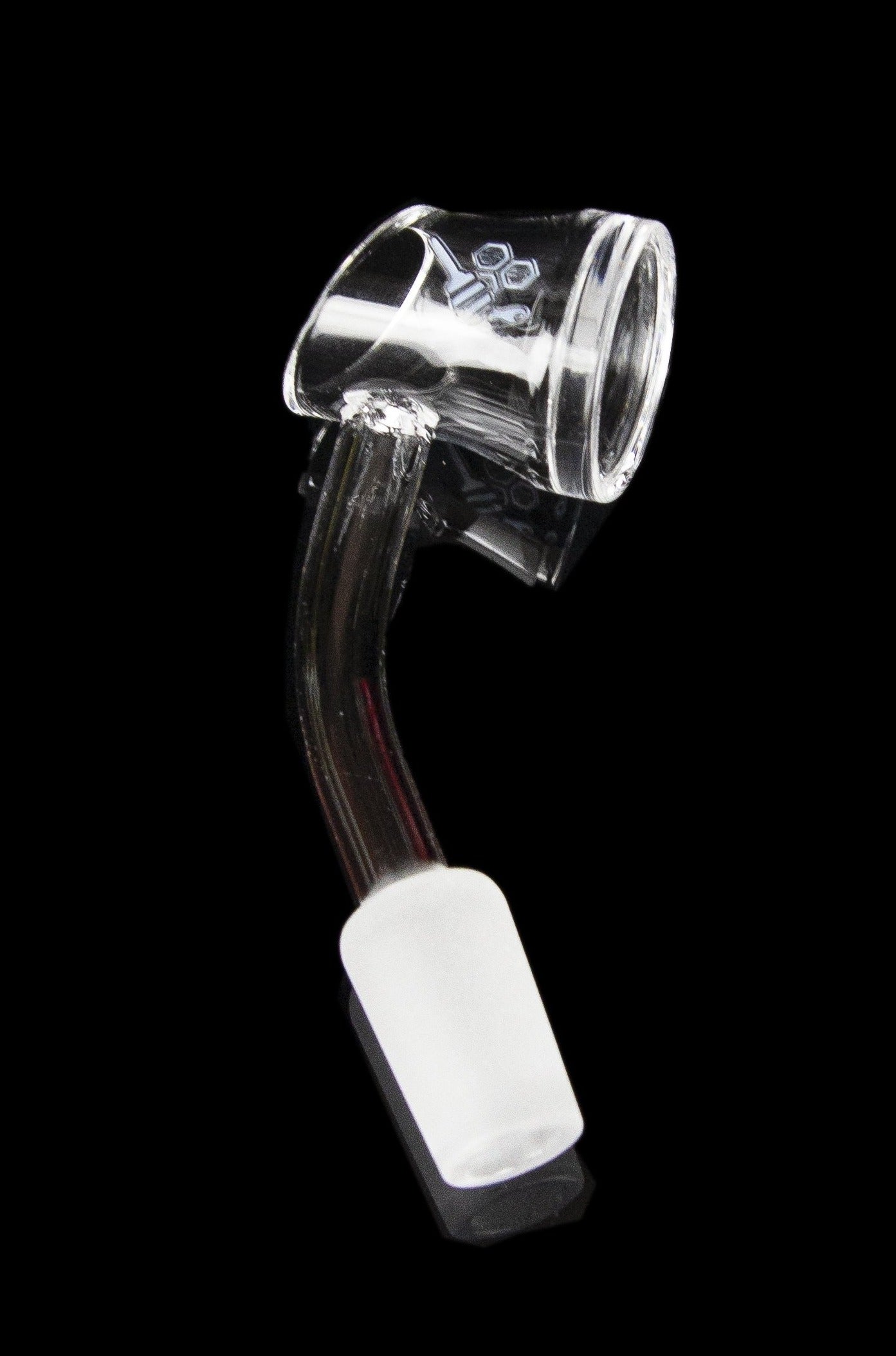 Clear glass dab rig with a quartz insert, isolated on a black background.