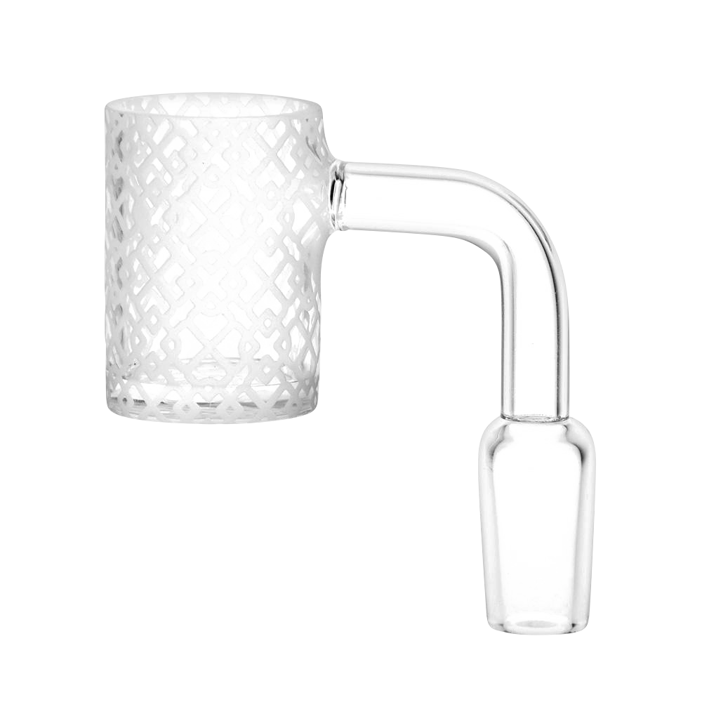 A close-up, angled view of the Interlocking Diamonds Etched Quartz Banger, showcasing its clear quartz construction and etched diamond pattern.