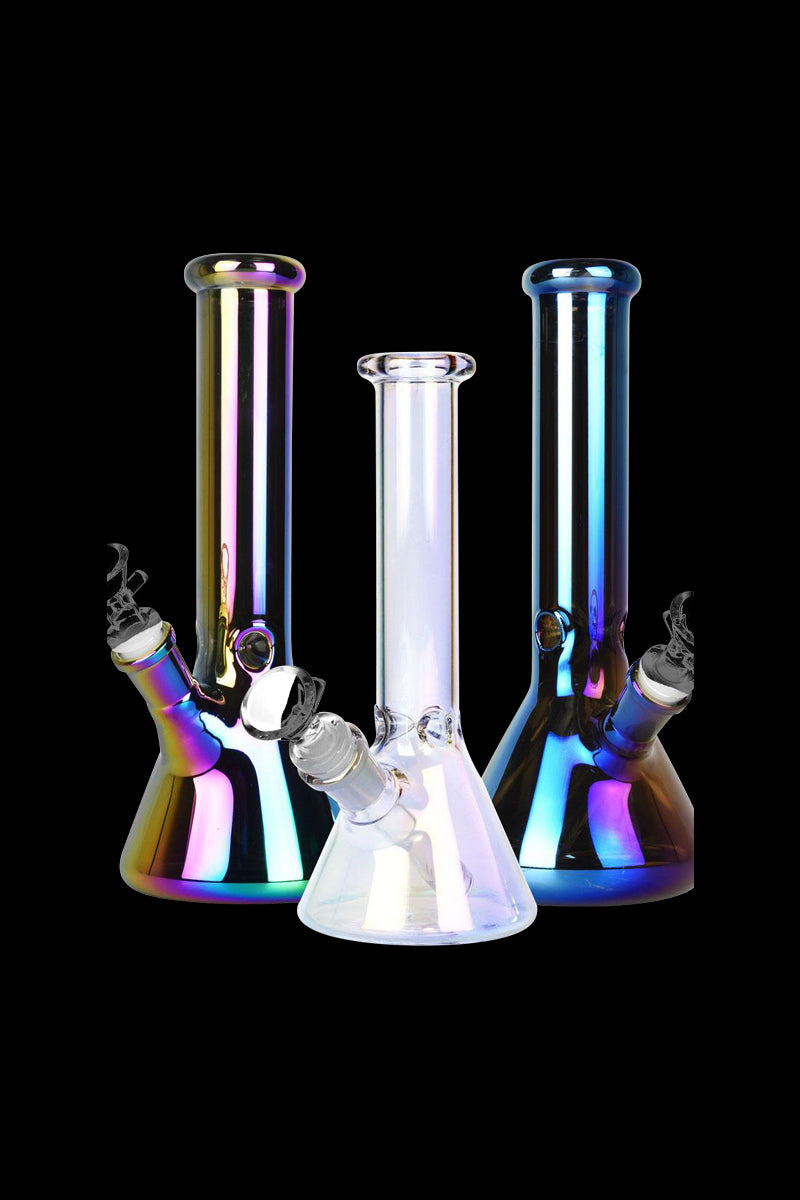 Front view of the Fancy Beaker Water Pipe, a clear glass beaker with a colorful gradient, set against a black background.