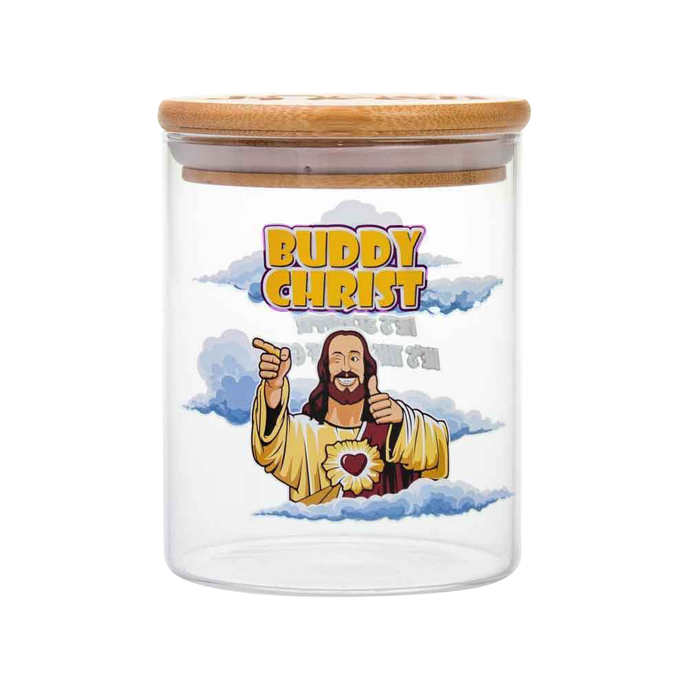 Front view of the Jay and Silent Bob "Buddy Christ" Stash Jar, depicting a smiling figure on a clear glass container.