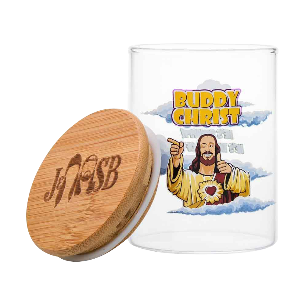 Front view of the Jay and Silent Bob "Buddy Christ" Stash Jar, depicting a smiling figure on a clear glass container.