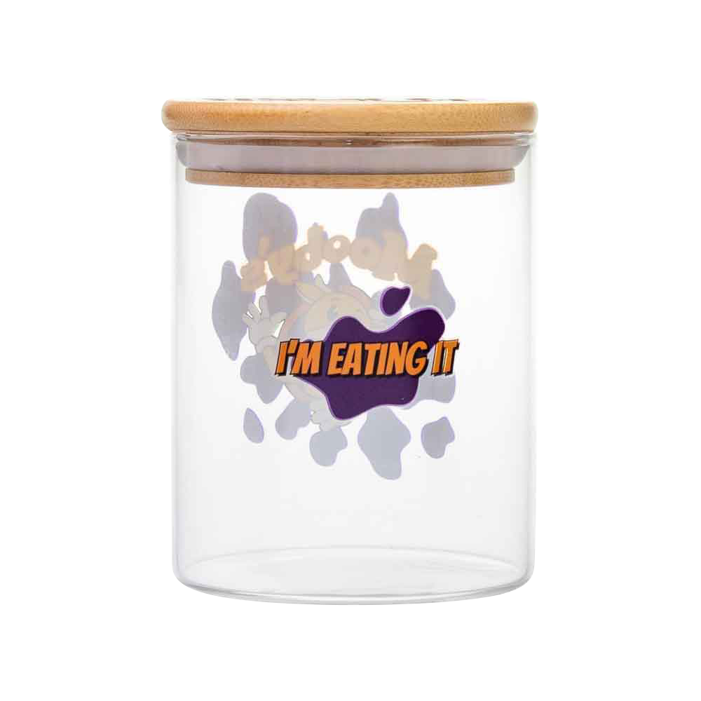 Front view of the “Jay and Silent Bob Moobys” Stash Jar, a clear glass container with a rounded shape and textured base.