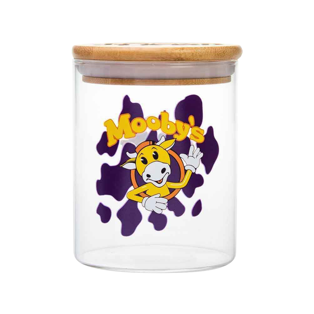 Front view of the Jay and Silent Bob "Moobys" Stash Jar, featuring a cartoon cow design on clear glass.