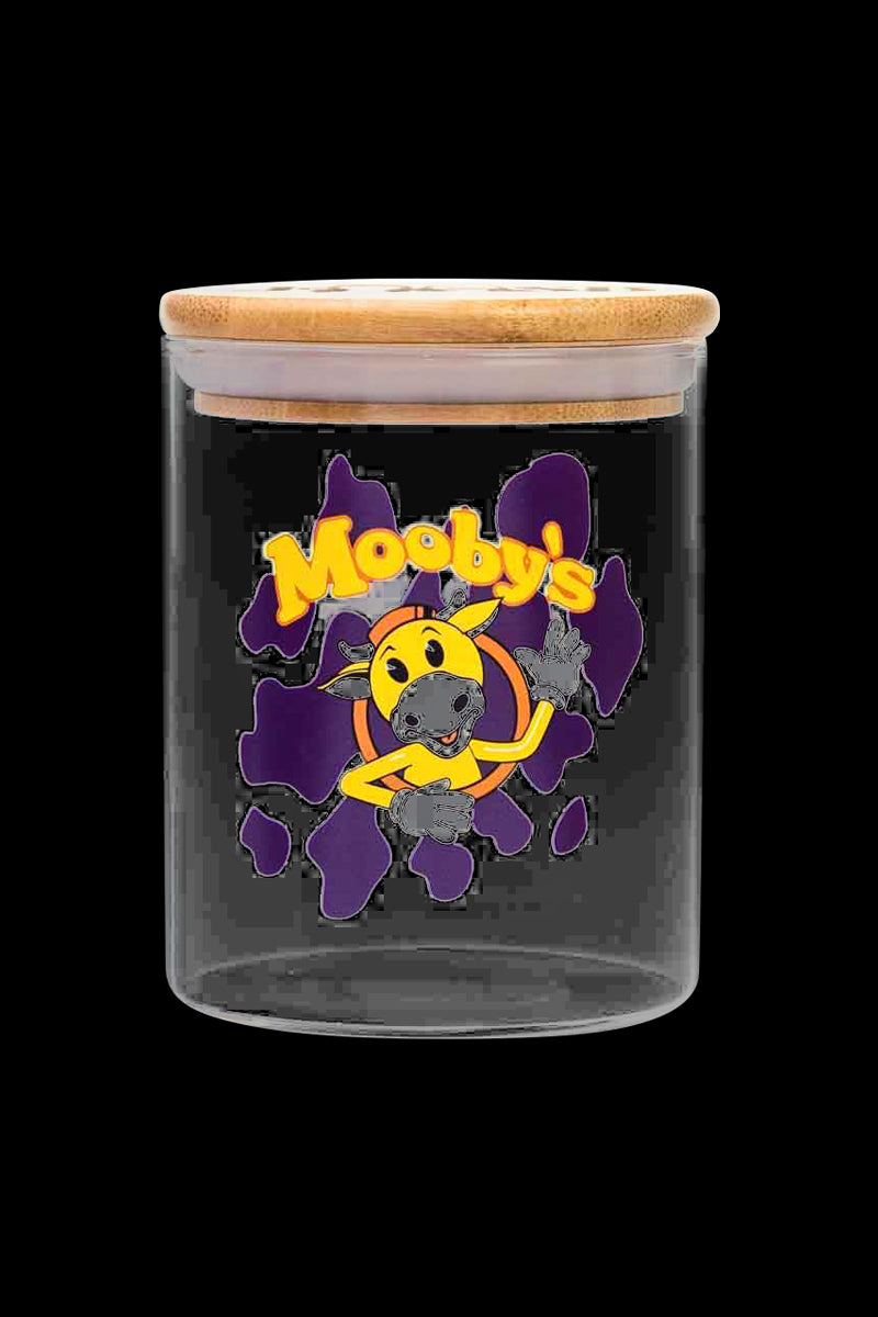 Front view of the “Jay and Silent Bob Moobys” Stash Jar, a clear glass jar with a branded label against a black background.