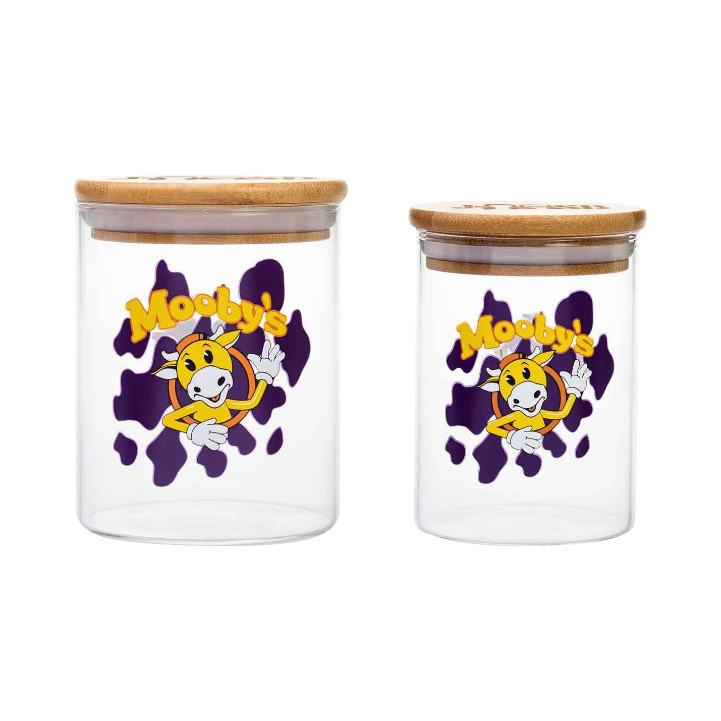 Front view of the Jay and Silent Bob "Moobys" Stash Jar, showcasing a clear glass jar with a branded design.