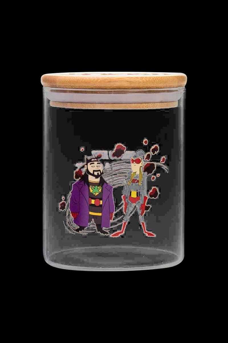 Front view of the Jay and Silent Bob Stash Jar - Bluntman & Chronic, a clear glass jar with a screw-on lid.