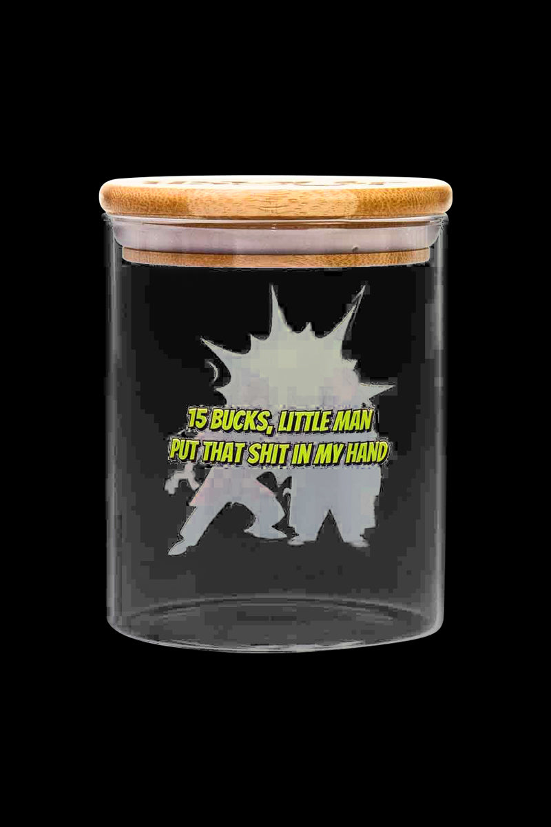 A front view of the Jay and Silent Bob Stash Jar, a clear glass container with a screw-on lid.