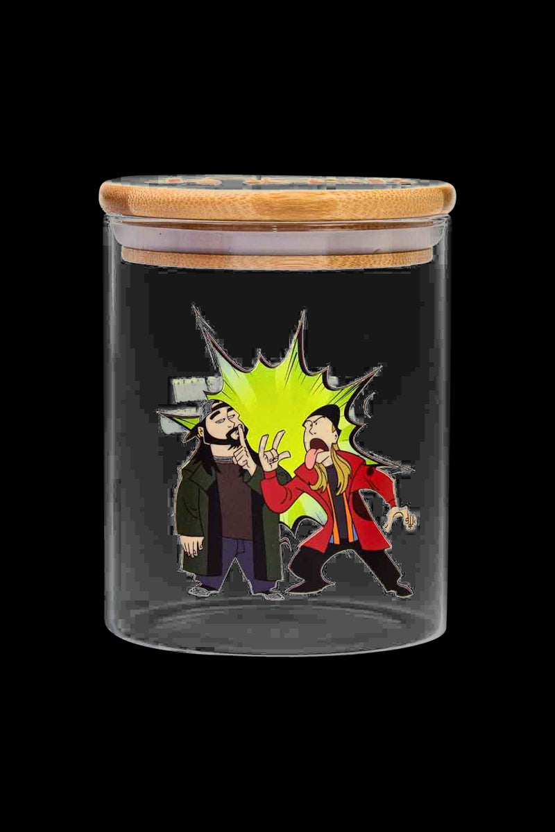 Front view of the Jay and Silent Bob Stash Jar, showcasing a colorful graphic design on a clear glass container.