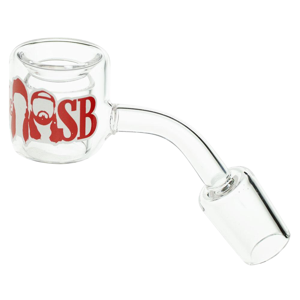 A close-up, angled view of the Jay and Silent Bob Quartz Banger, showcasing its clear quartz construction and bowl shape.