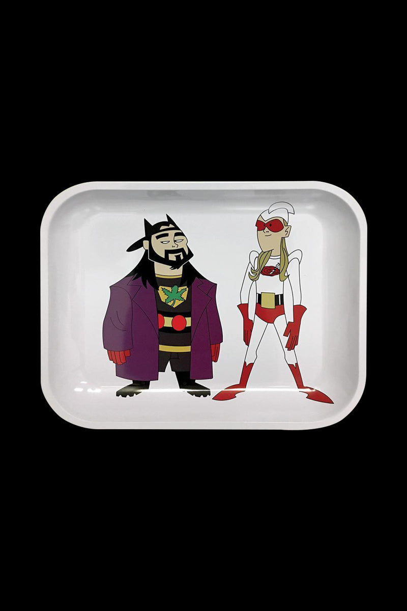 Top-down view of the Jay and Silent Bob "Bluntman & Chronic" Rolling Tray showing cartoon heroes printed on a white tray against a black background.