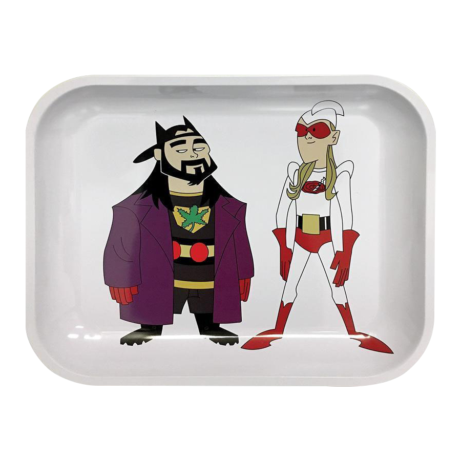 Top-down view of the Jay and Silent Bob "Bluntman & Chronic" Rolling Tray showing cartoon Bluntman in purple coat and Chronic in white-and-red costume against a white background