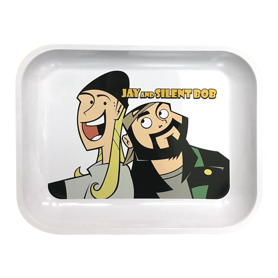 The Jay and Silent Bob Rolling Tray depicts a close-up, illustrative view of the duo against a white background.