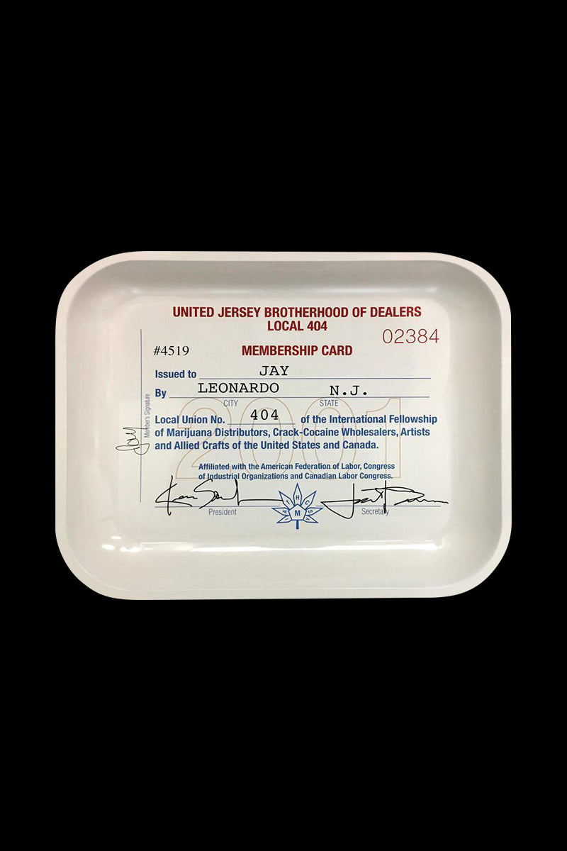 Top-down view of the Jay and Silent Bob "Signature" Rolling Tray showing a white tray printed with a faux membership card design and signatures.