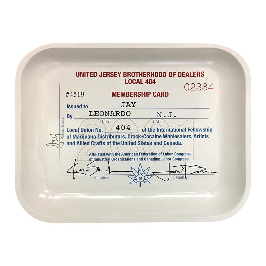 Top-down view of the Jay and Silent Bob "Signature" Rolling Tray featuring a vintage-style printed membership card graphic centered on a white, rounded-rectangle metal tray.